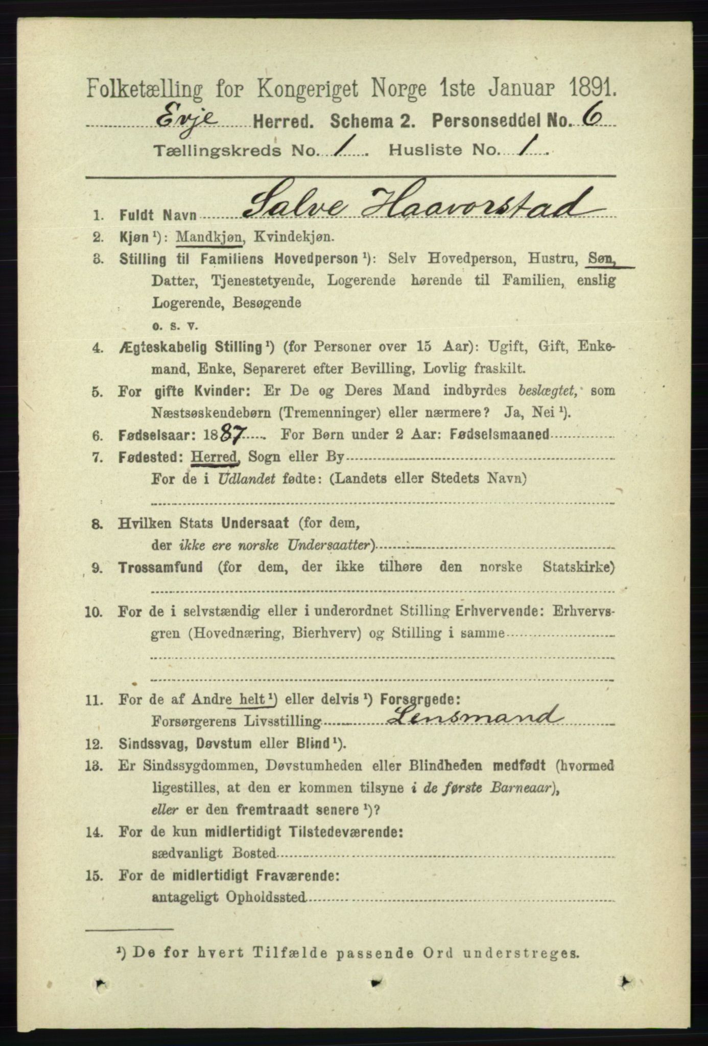 RA, 1891 census for 0937 Evje, 1891, p. 62