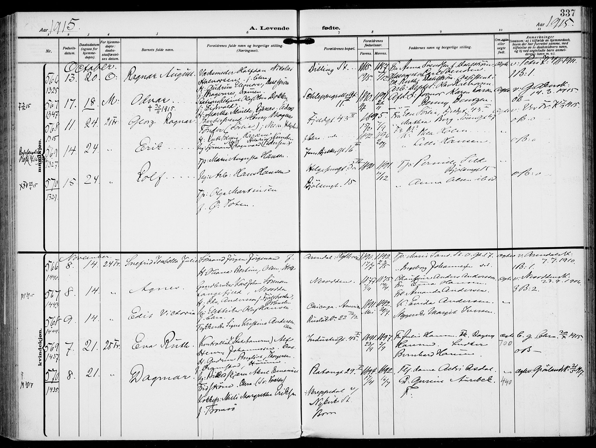 Rikshospitalet prestekontor Kirkebøker, SAO/A-10309b/F/L0015: Parish register (official) no. 15, 1913-1915, p. 337