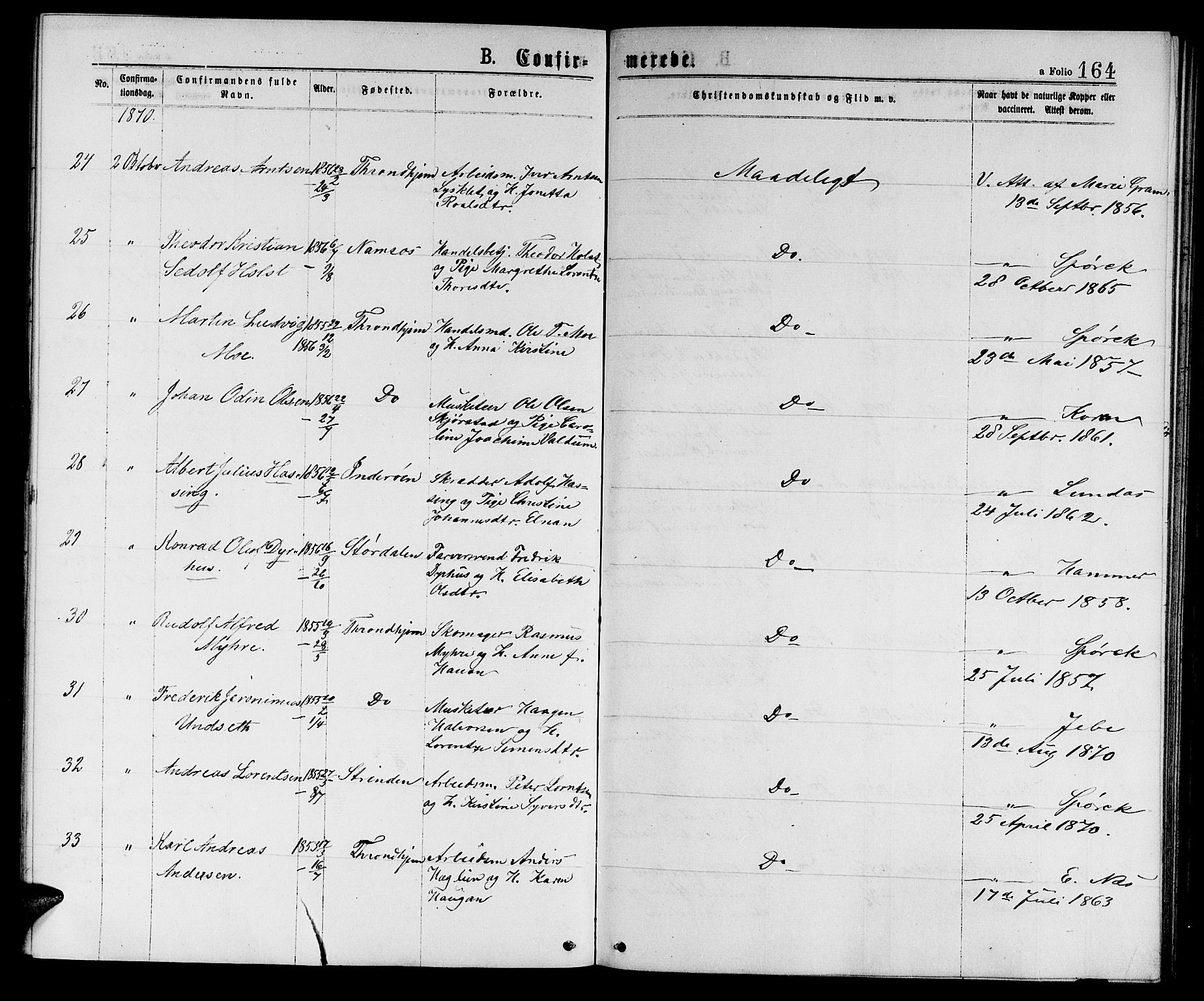 Ministerialprotokoller, klokkerbøker og fødselsregistre - Sør-Trøndelag, AV/SAT-A-1456/601/L0088: Parish register (copy) no. 601C06, 1870-1878, p. 164