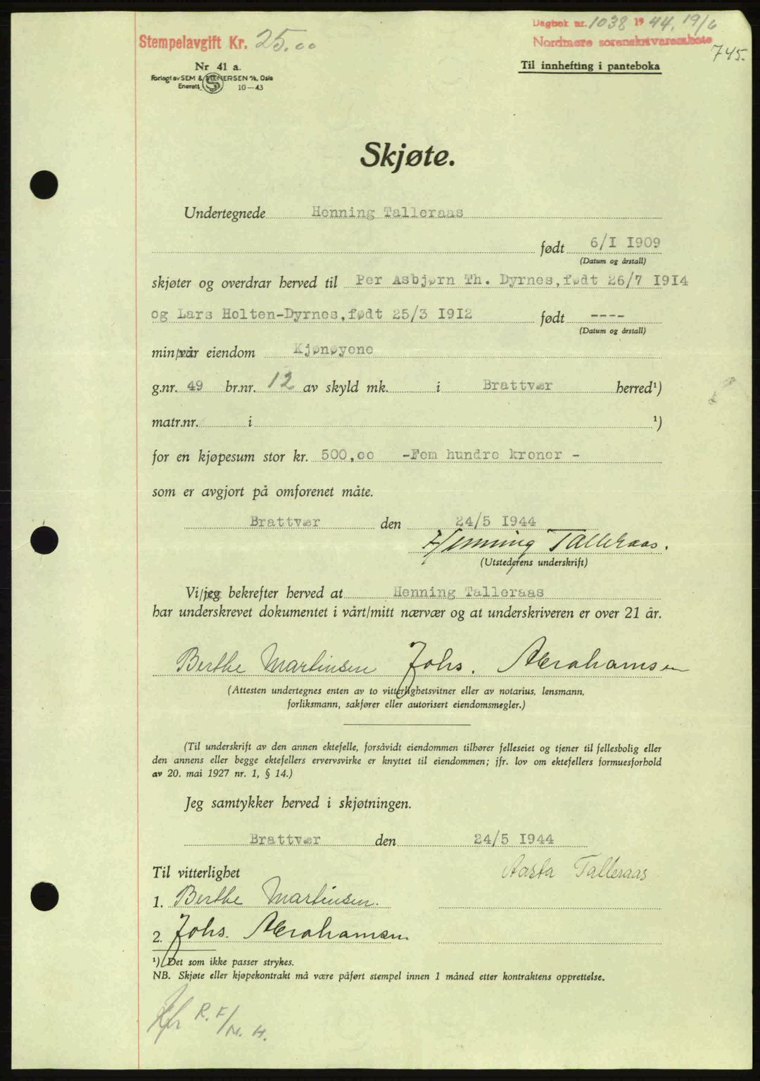 Nordmøre sorenskriveri, AV/SAT-A-4132/1/2/2Ca: Mortgage book no. A97, 1944-1944, Diary no: : 1038/1944