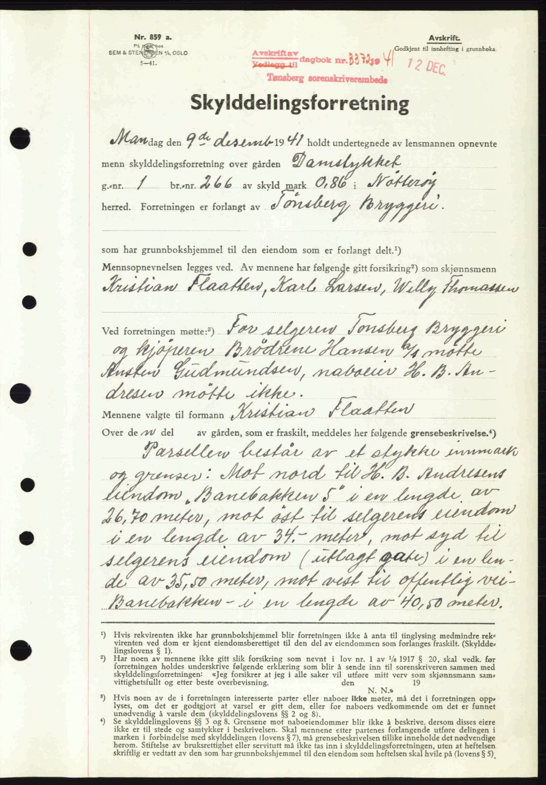 Tønsberg sorenskriveri, AV/SAKO-A-130/G/Ga/Gaa/L0010: Mortgage book no. A10, 1941-1941, Diary no: : 3372/1941