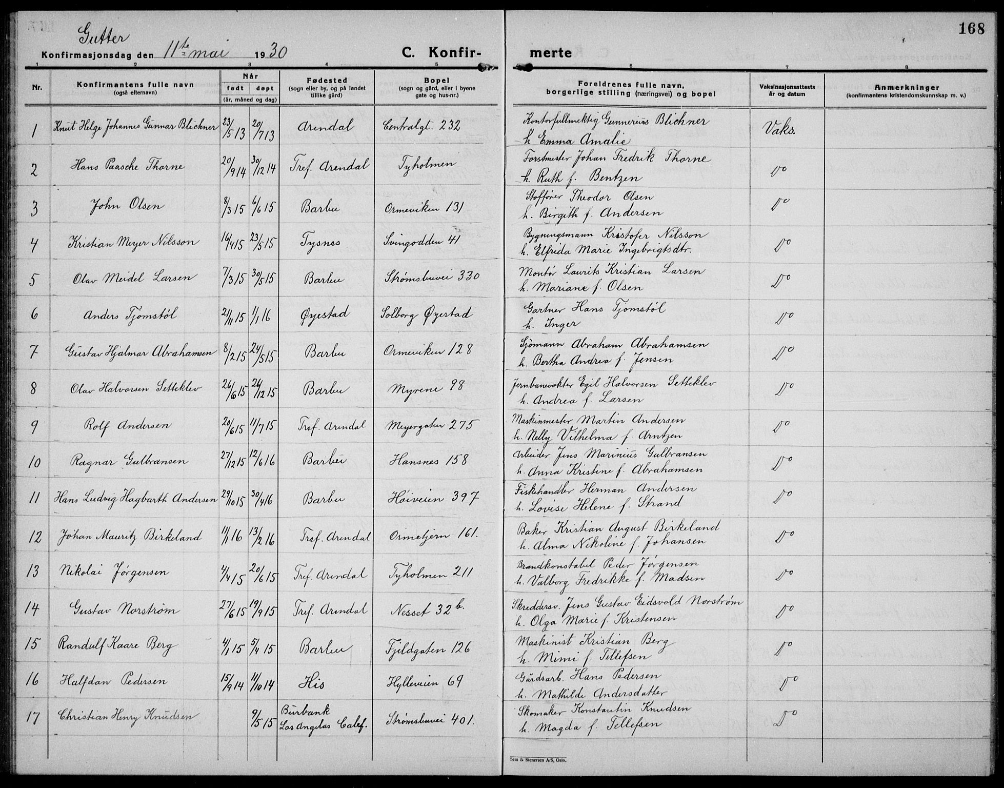 Arendal sokneprestkontor, Trefoldighet, AV/SAK-1111-0040/F/Fb/L0008: Parish register (copy) no. B 8, 1928-1939, p. 168