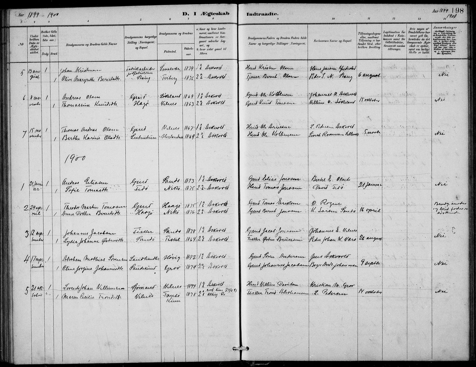 Askvoll sokneprestembete, SAB/A-79501/H/Hab/Habb/L0001: Parish register (copy) no. B 1, 1879-1909, p. 198