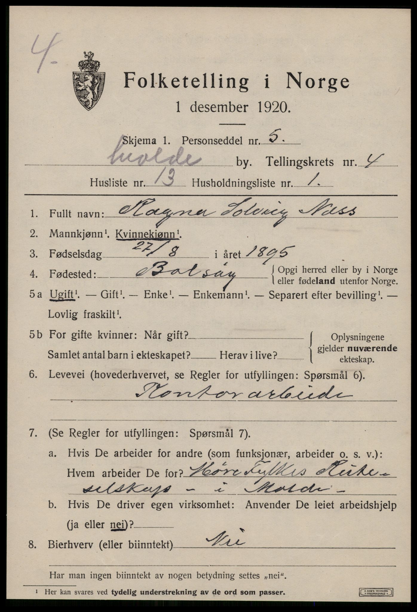 SAT, 1920 census for Molde, 1920, p. 5429