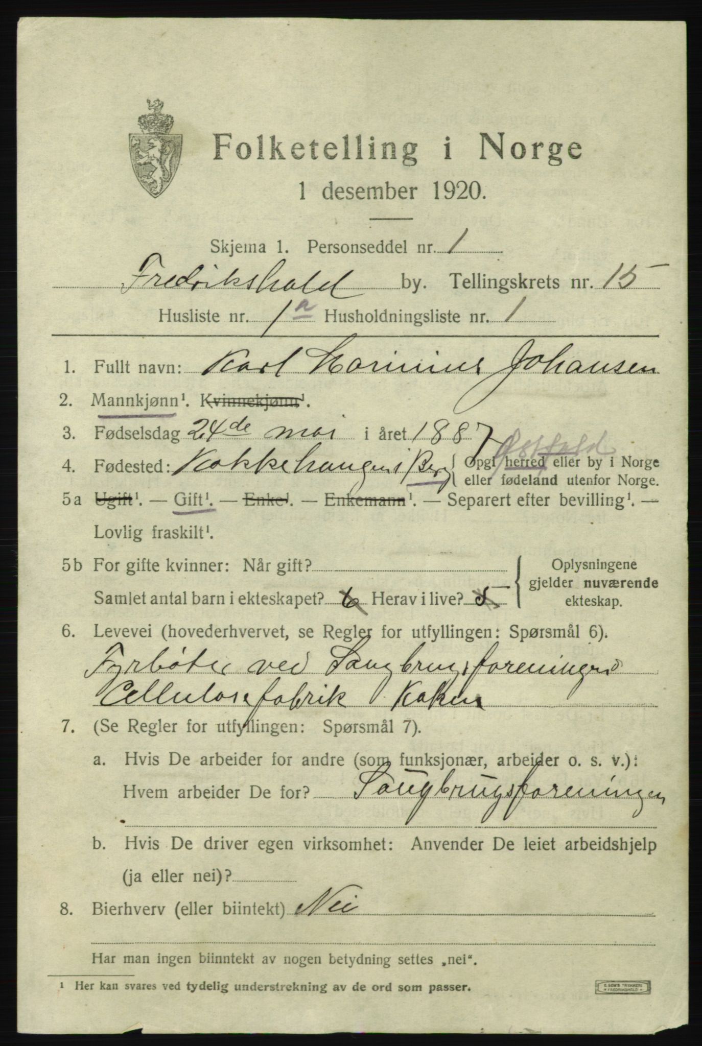 SAO, 1920 census for Fredrikshald, 1920, p. 23136