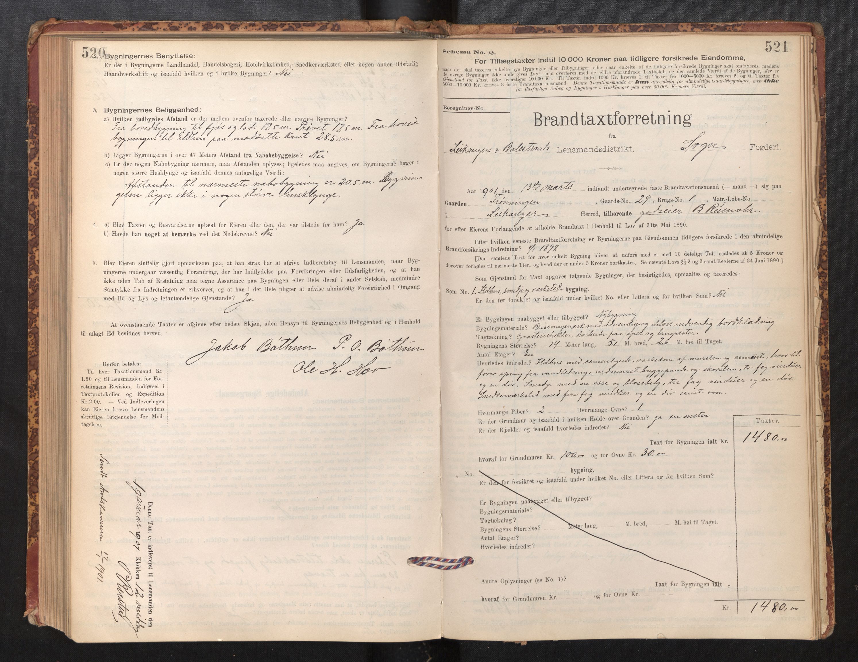 Lensmannen i Leikanger, SAB/A-29201/0012/L0004: Branntakstprotokoll, skjematakst, 1894-1903, p. 520-521