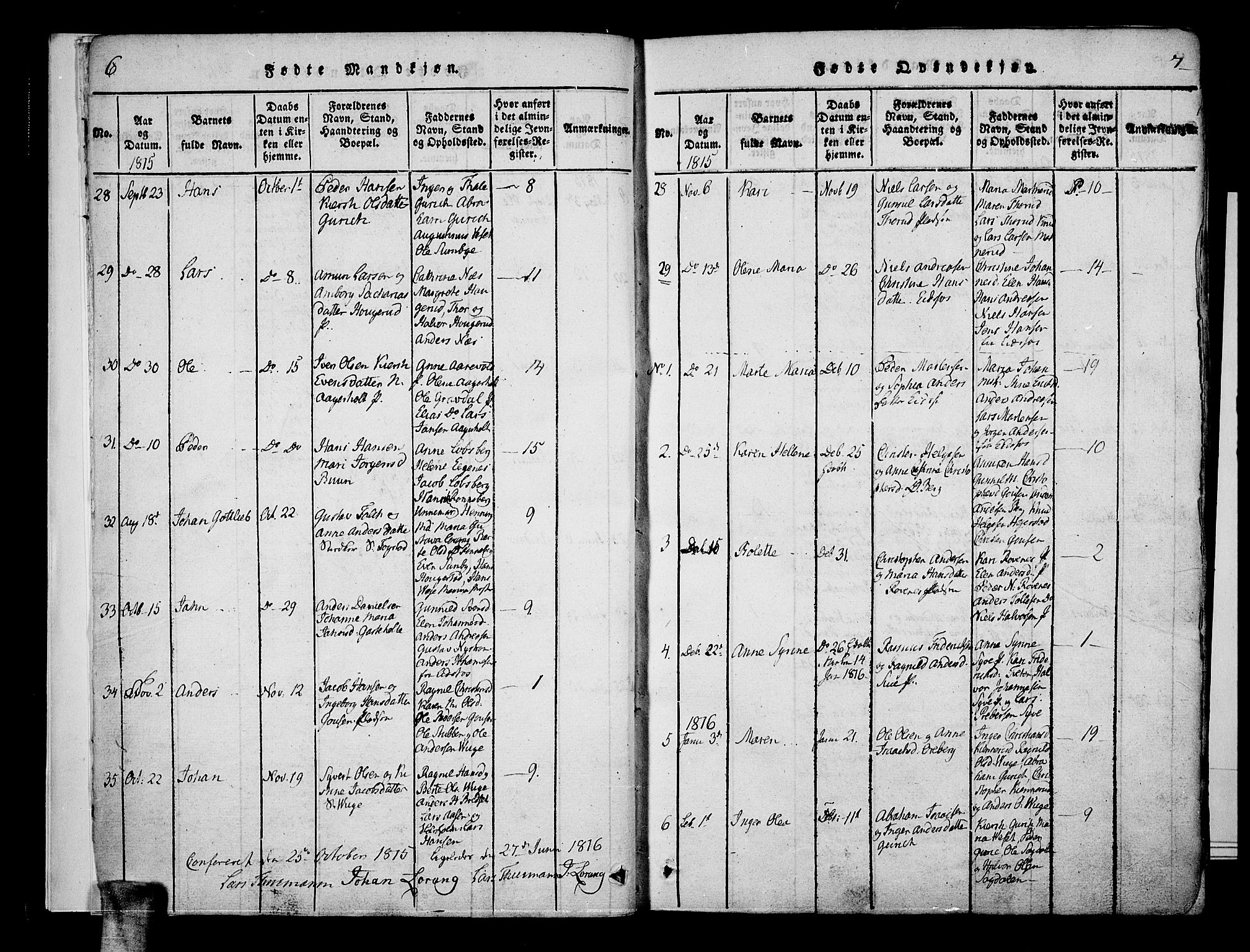 Hof kirkebøker, SAKO/A-64/F/Fa/L0004: Parish register (official) no. I 4, 1814-1843, p. 6-7