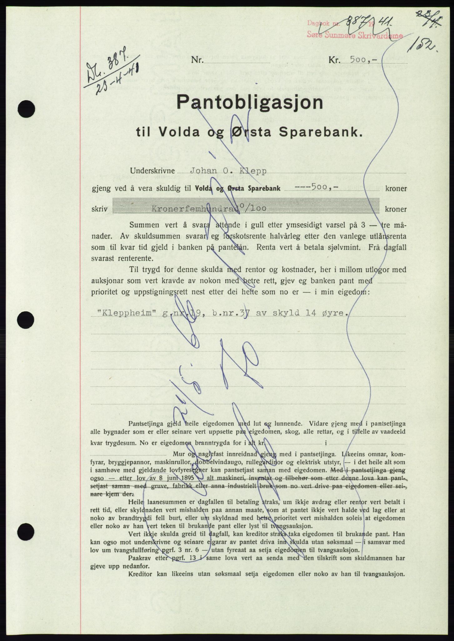 Søre Sunnmøre sorenskriveri, AV/SAT-A-4122/1/2/2C/L0071: Mortgage book no. 65, 1941-1941, Diary no: : 387/1941