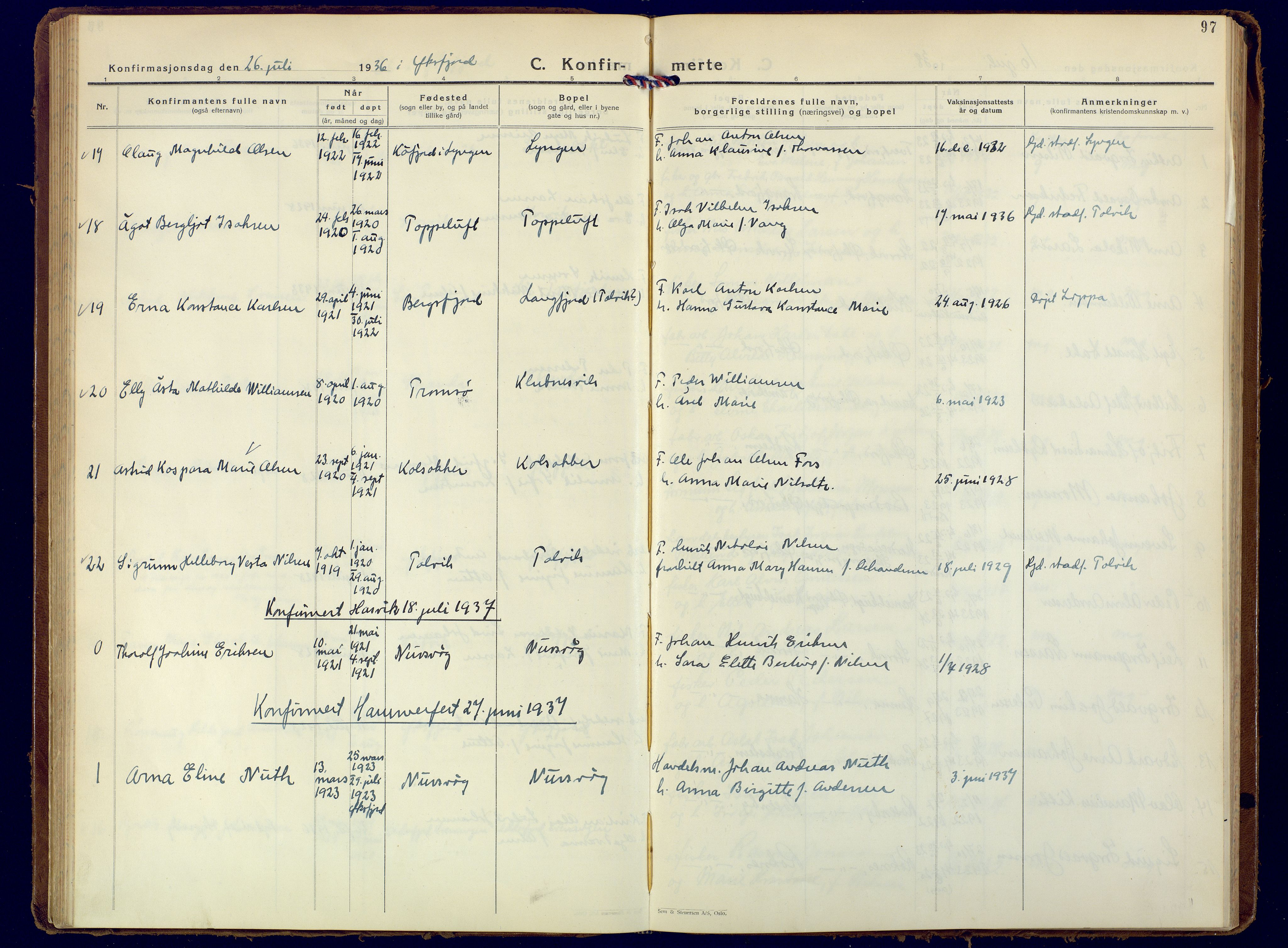 Loppa sokneprestkontor, SATØ/S-1339/H/Ha/L0015kirke: Parish register (official) no. 15, 1933-1941, p. 97