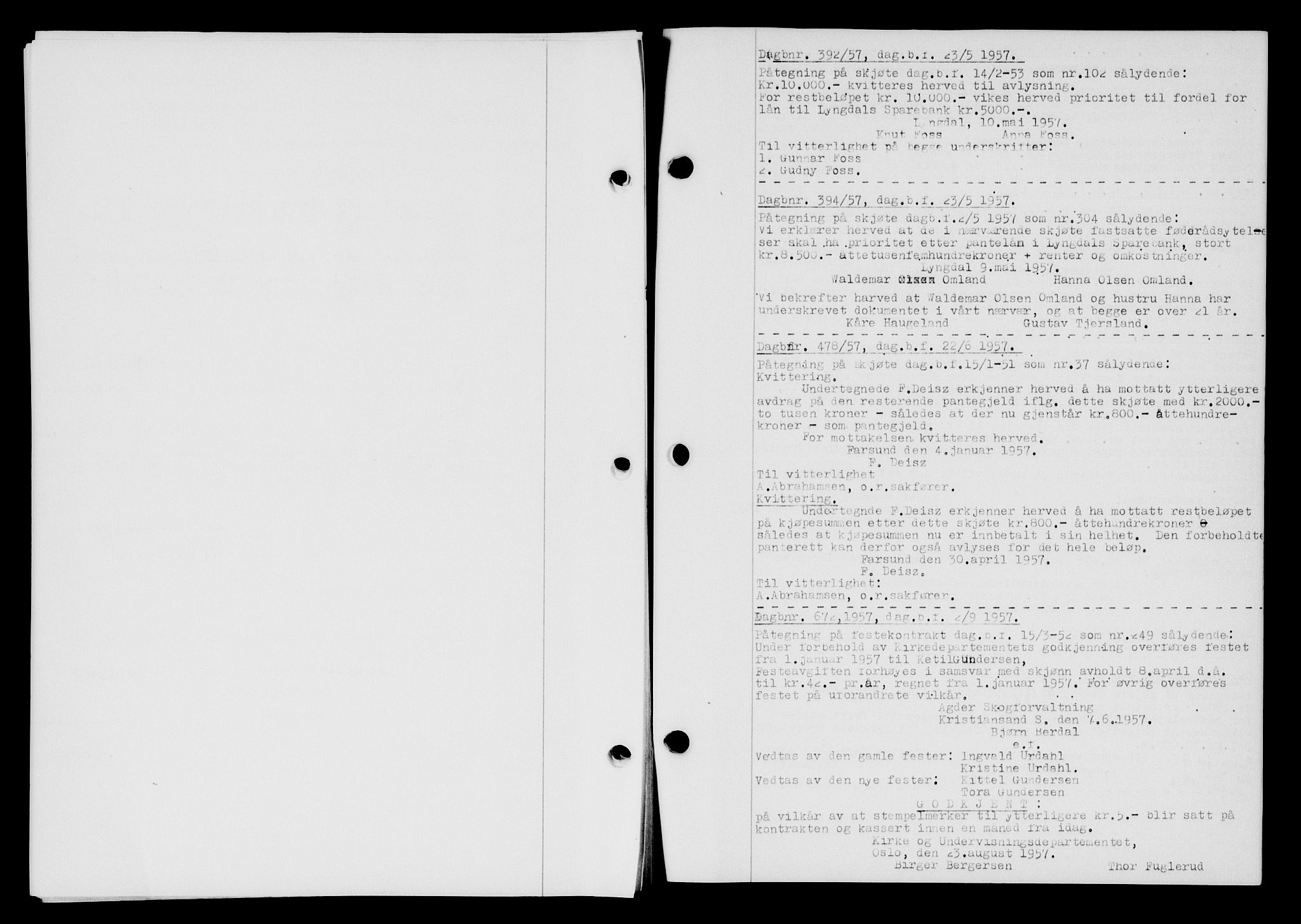 Lyngdal sorenskriveri, AV/SAK-1221-0004/G/Gb/L0676: Mortgage book no. A XXII, 1957-1957, Diary no: : 392/1957