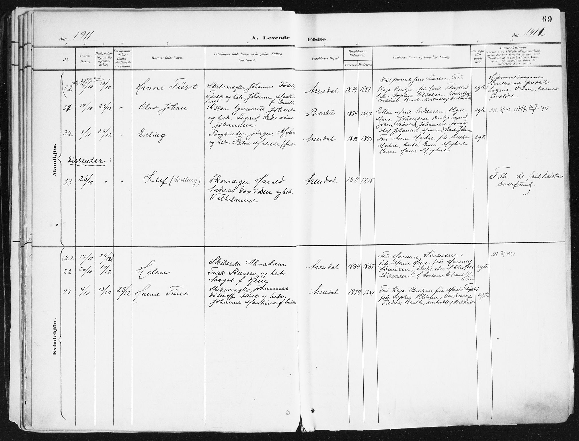 Arendal sokneprestkontor, Trefoldighet, AV/SAK-1111-0040/F/Fa/L0010: Parish register (official) no. A 10, 1900-1919, p. 69