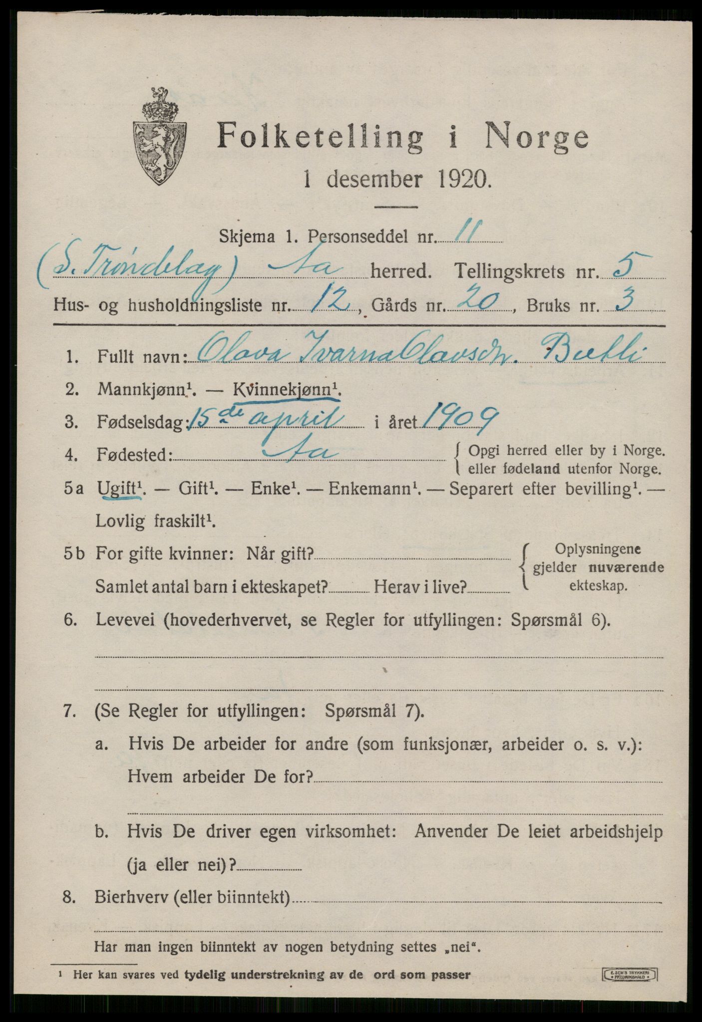 SAT, 1920 census for Å, 1920, p. 2400