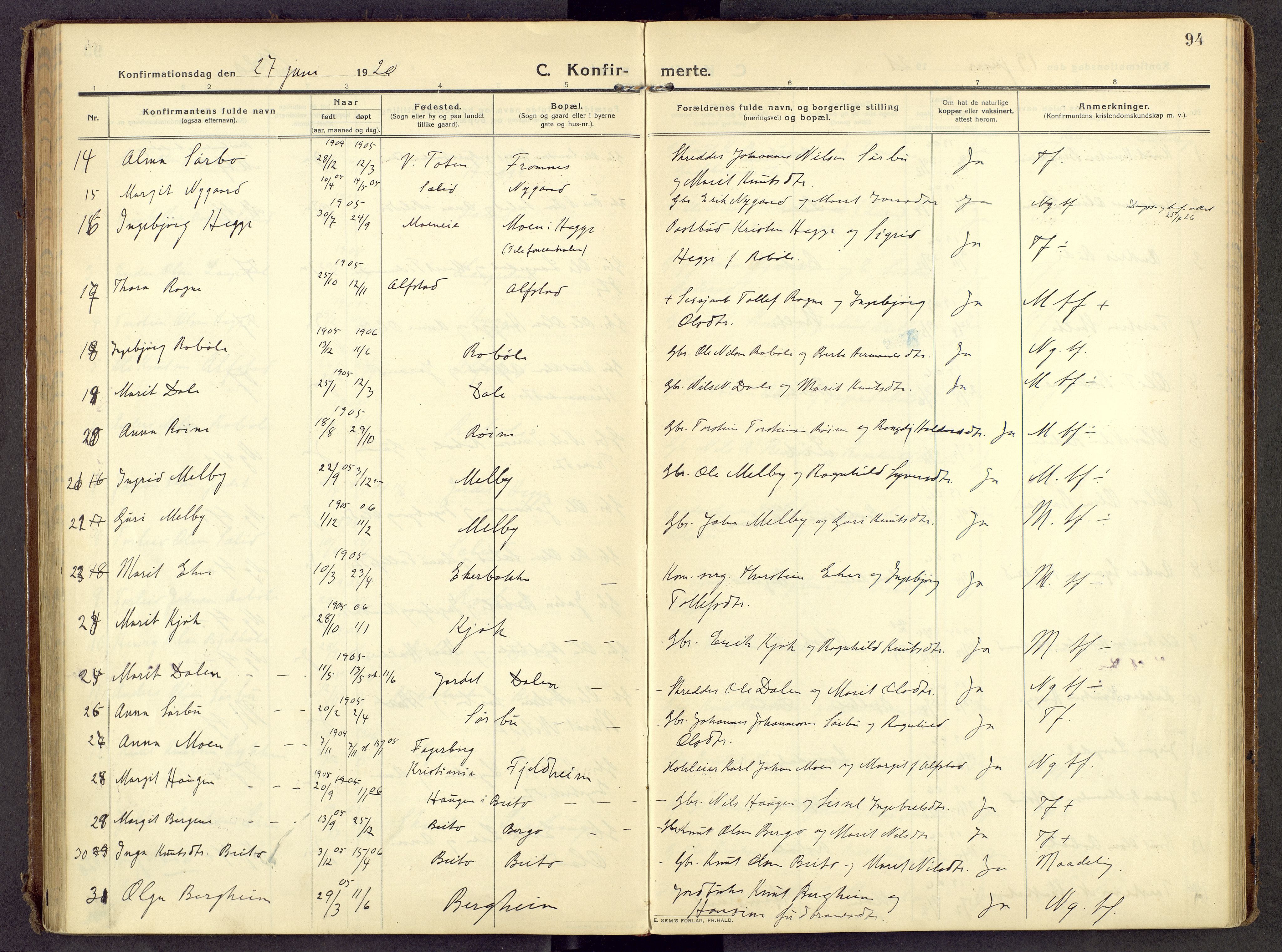 Øystre Slidre prestekontor, AV/SAH-PREST-138/H/Ha/Haa/L0007: Parish register (official) no. 7, 1911-1931, p. 94