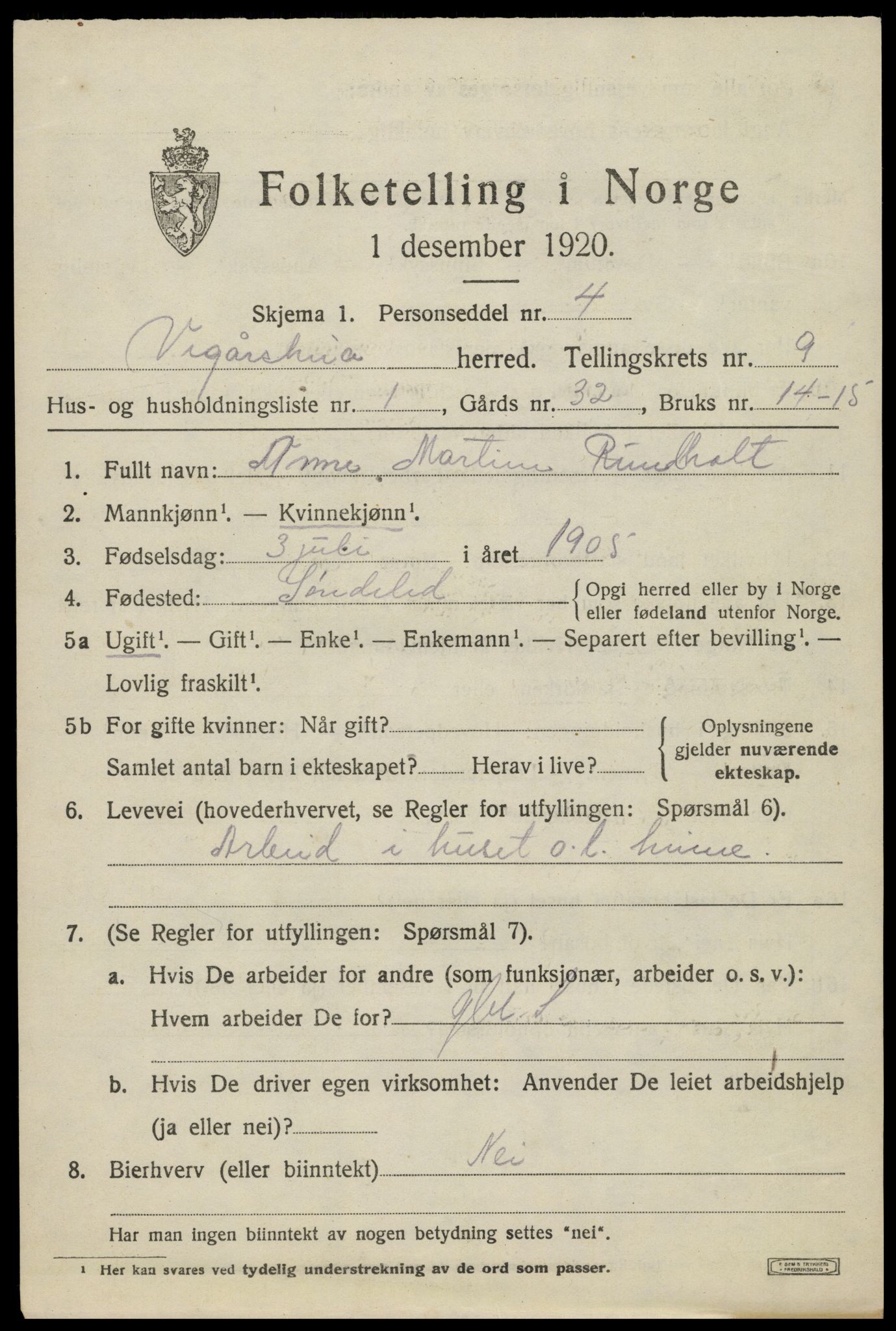 SAK, 1920 census for Vegårshei, 1920, p. 2938