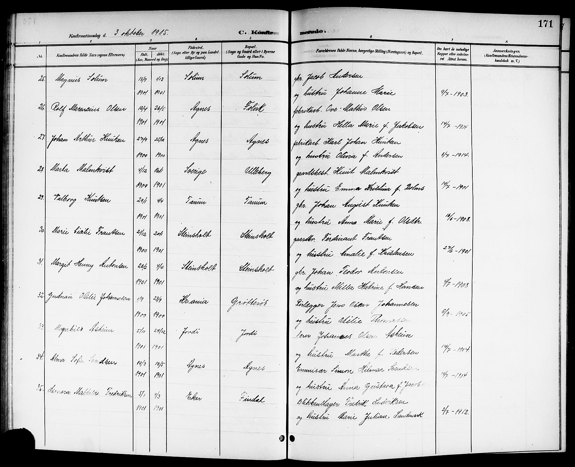 Brunlanes kirkebøker, SAKO/A-342/G/Ga/L0004: Parish register (copy) no. I 4, 1898-1921, p. 171