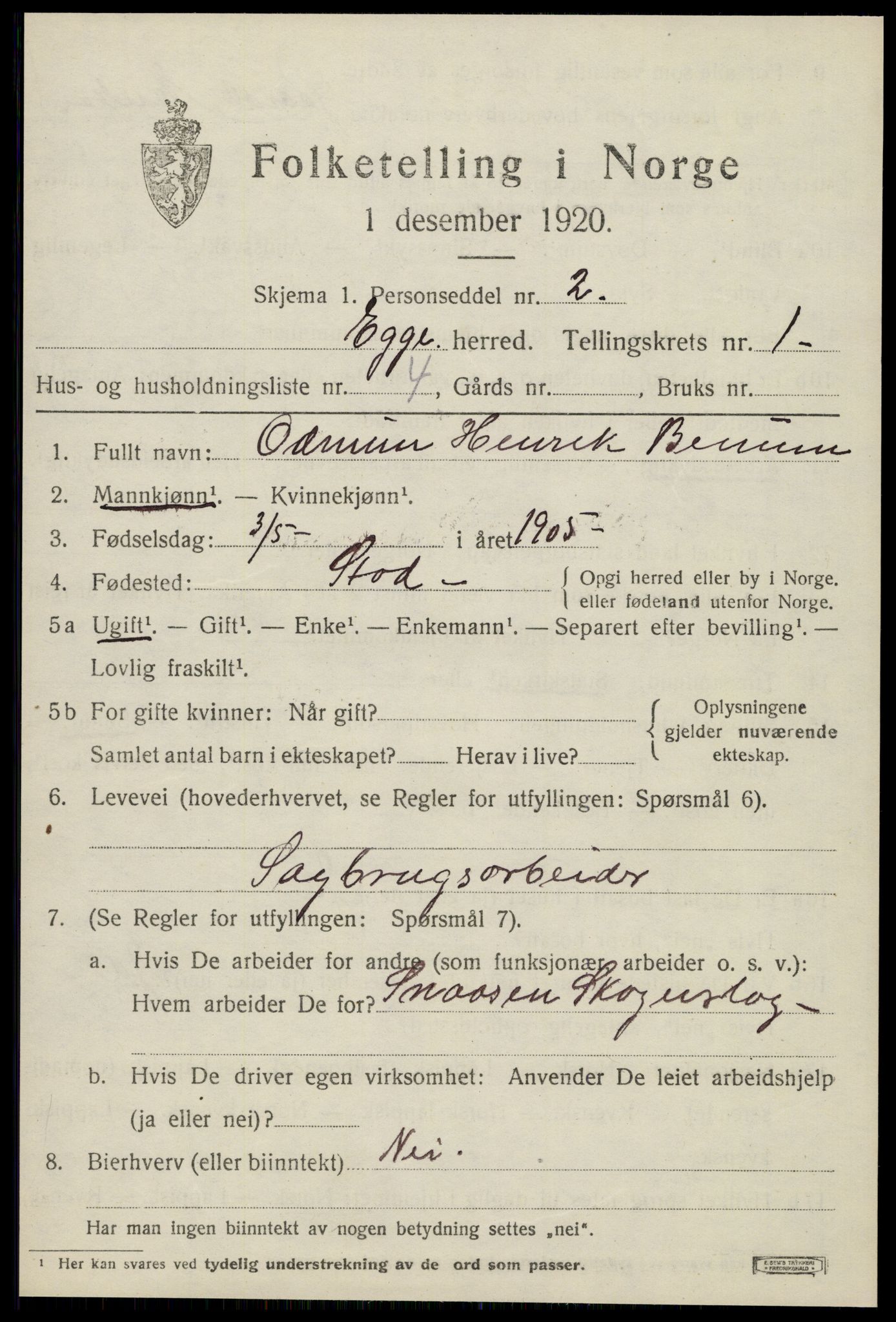 SAT, 1920 census for Egge, 1920, p. 594