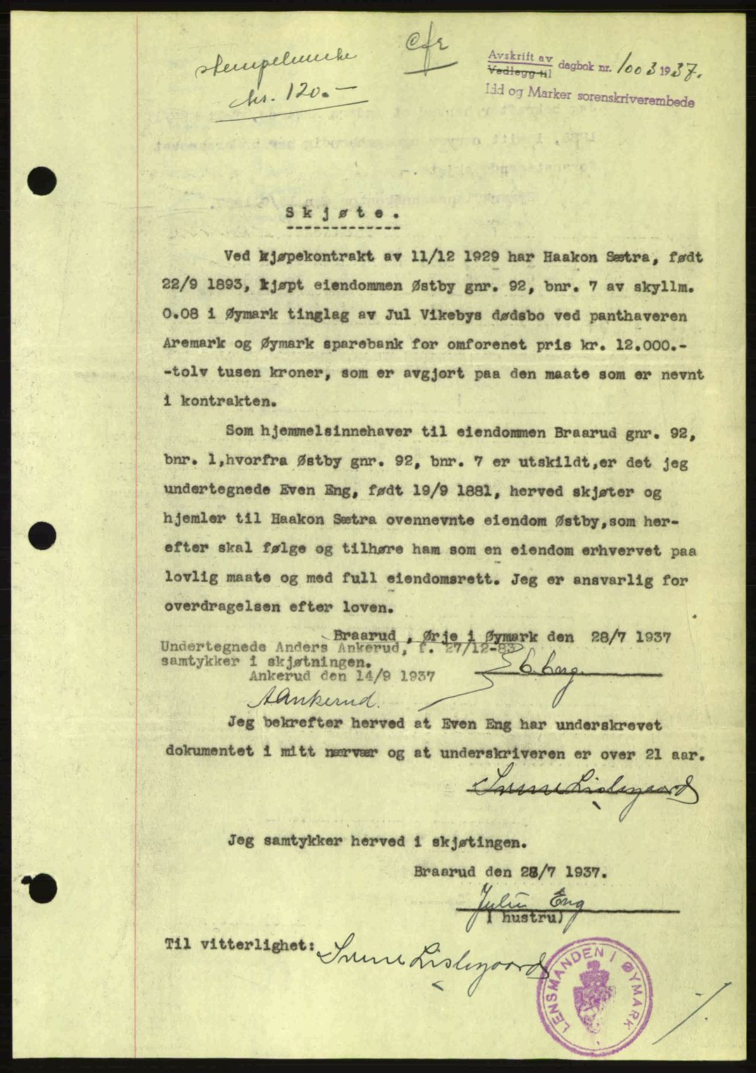 Idd og Marker sorenskriveri, AV/SAO-A-10283/G/Gb/Gbb/L0002: Mortgage book no. A2, 1937-1938, Diary no: : 1003/1937
