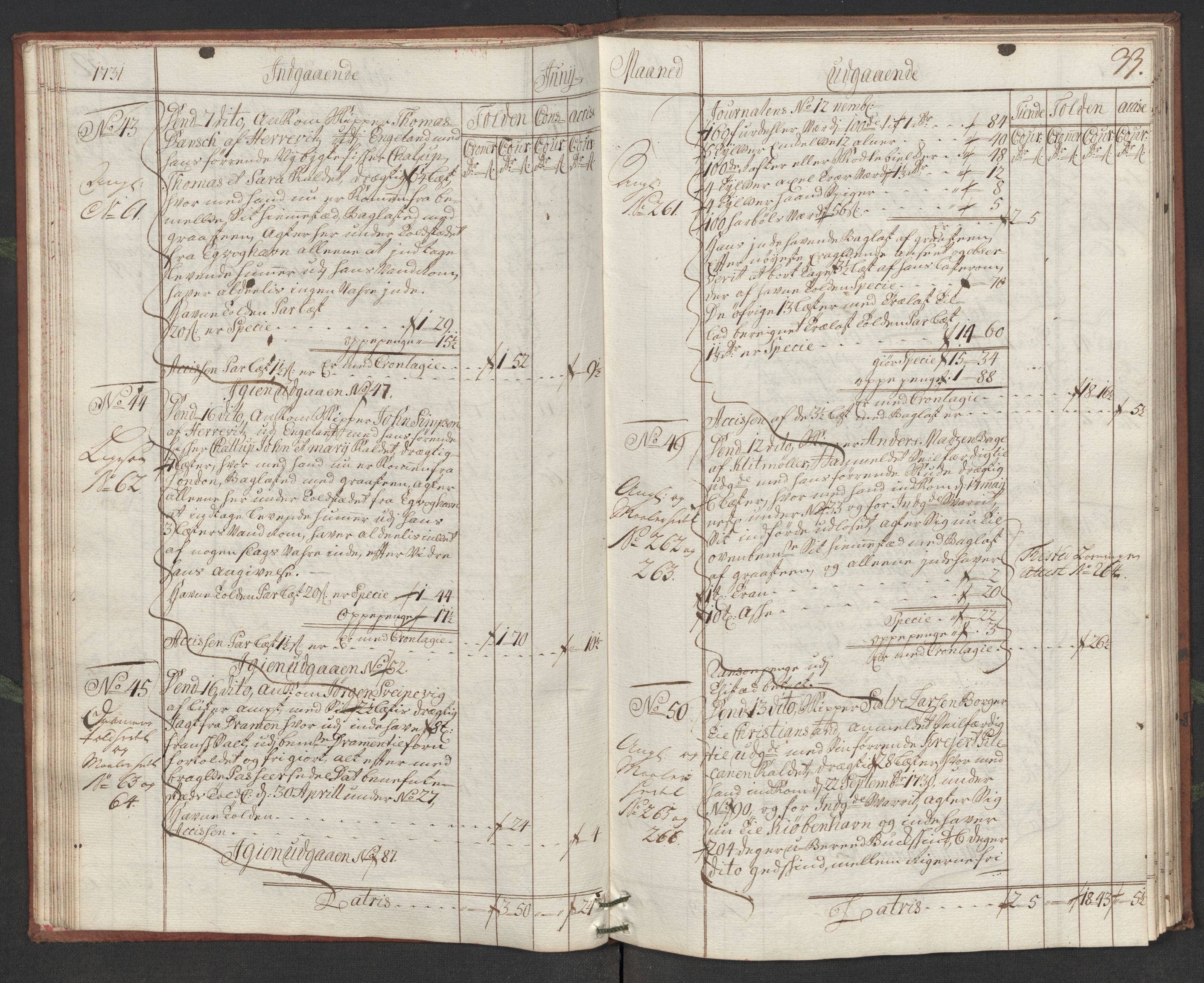 Generaltollkammeret, tollregnskaper, AV/RA-EA-5490/R19/L0006/0001: Tollregnskaper Flekkefjord / Hovedtollbok, 1731, p. 32b-33a