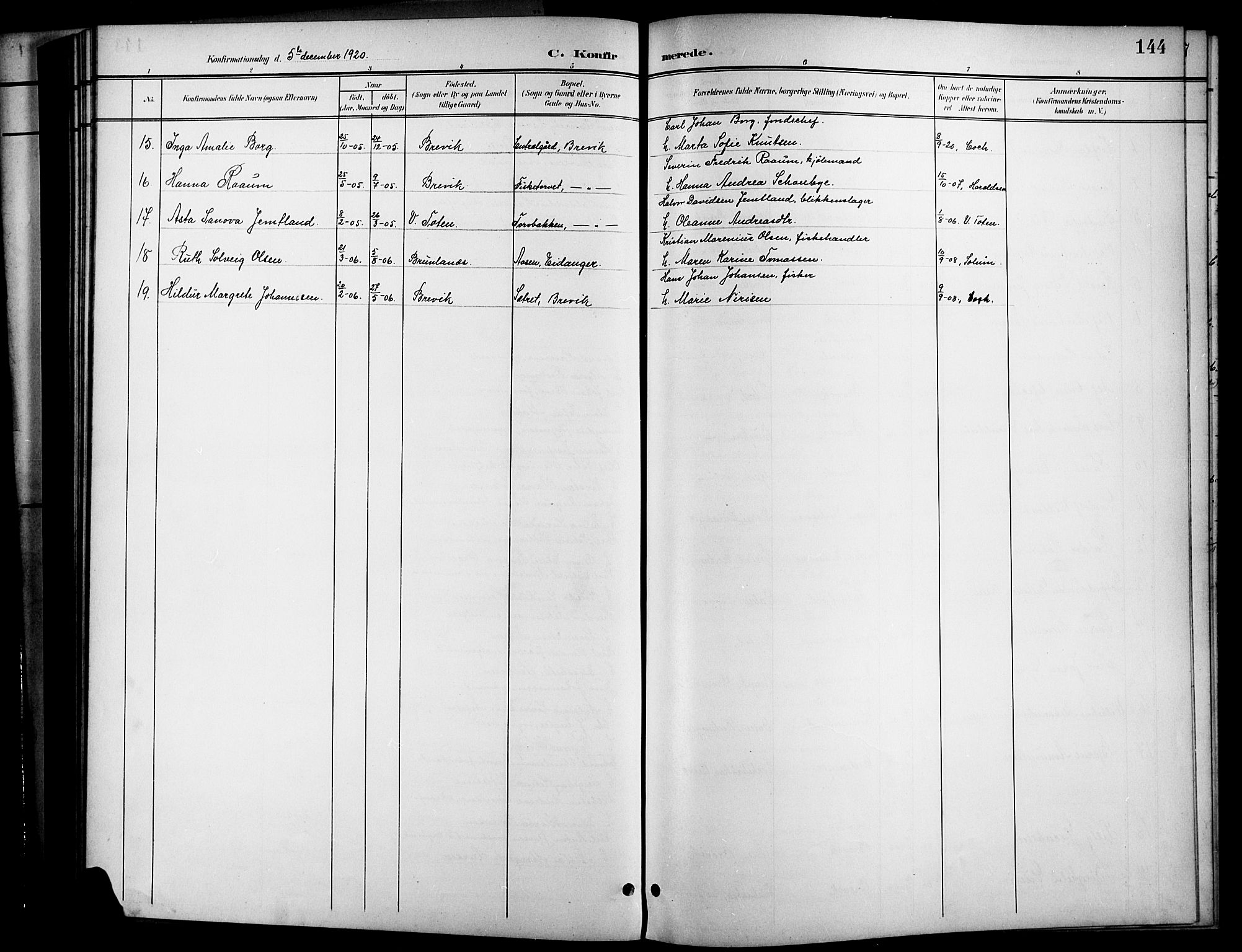 Brevik kirkebøker, SAKO/A-255/G/Ga/L0005: Parish register (copy) no. 5, 1901-1924, p. 144