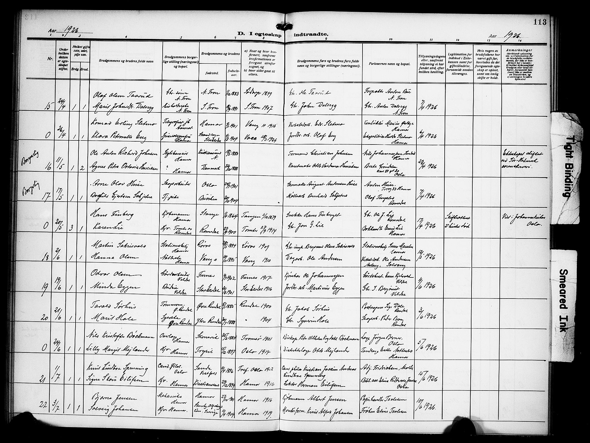 Hamar prestekontor, AV/SAH-DOMPH-002/H/Ha/Hab/L0003: Parish register (copy) no. 3, 1913-1930, p. 113