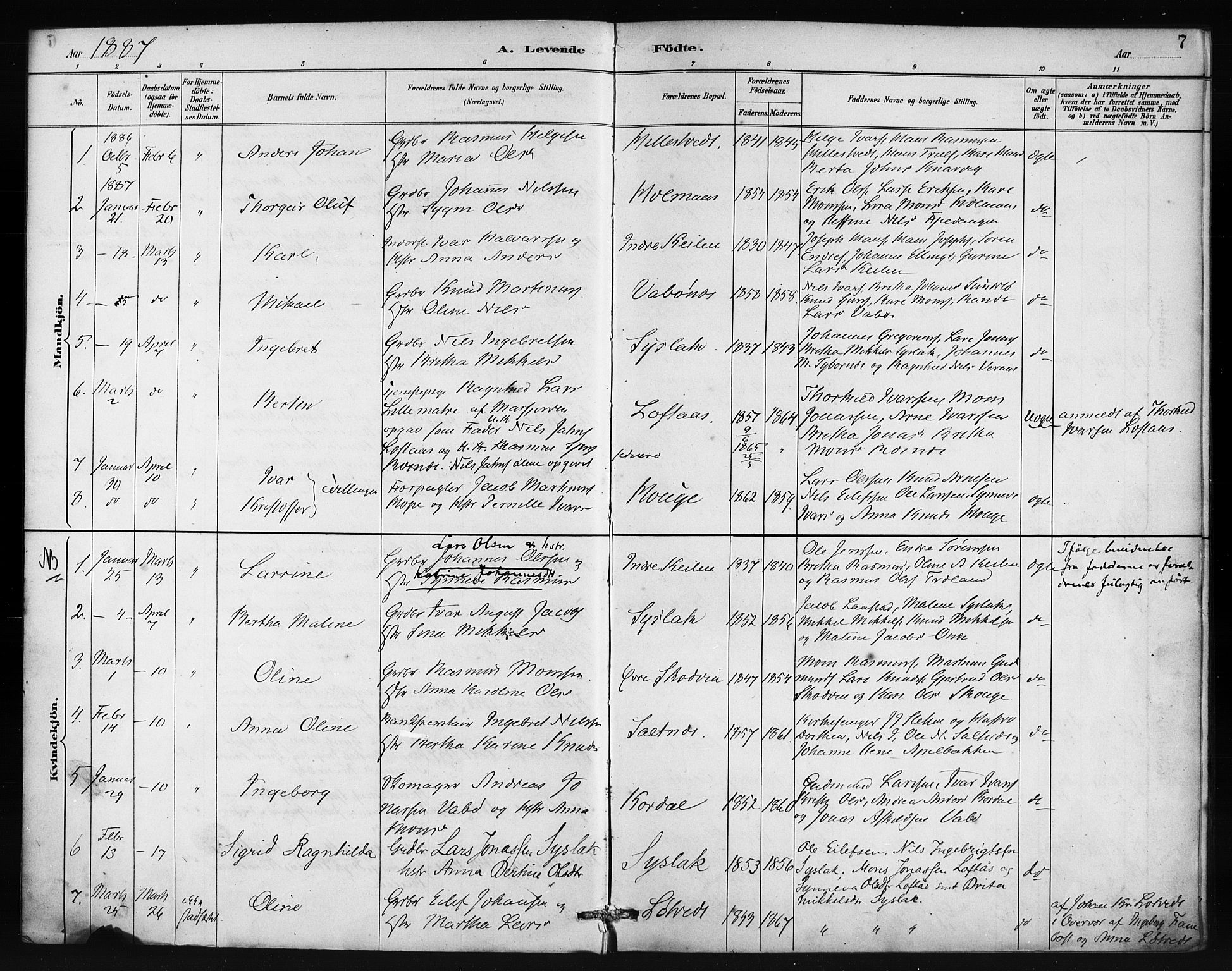 Lindås Sokneprestembete, SAB/A-76701/H/Haa: Parish register (official) no. B 1, 1886-1900, p. 7