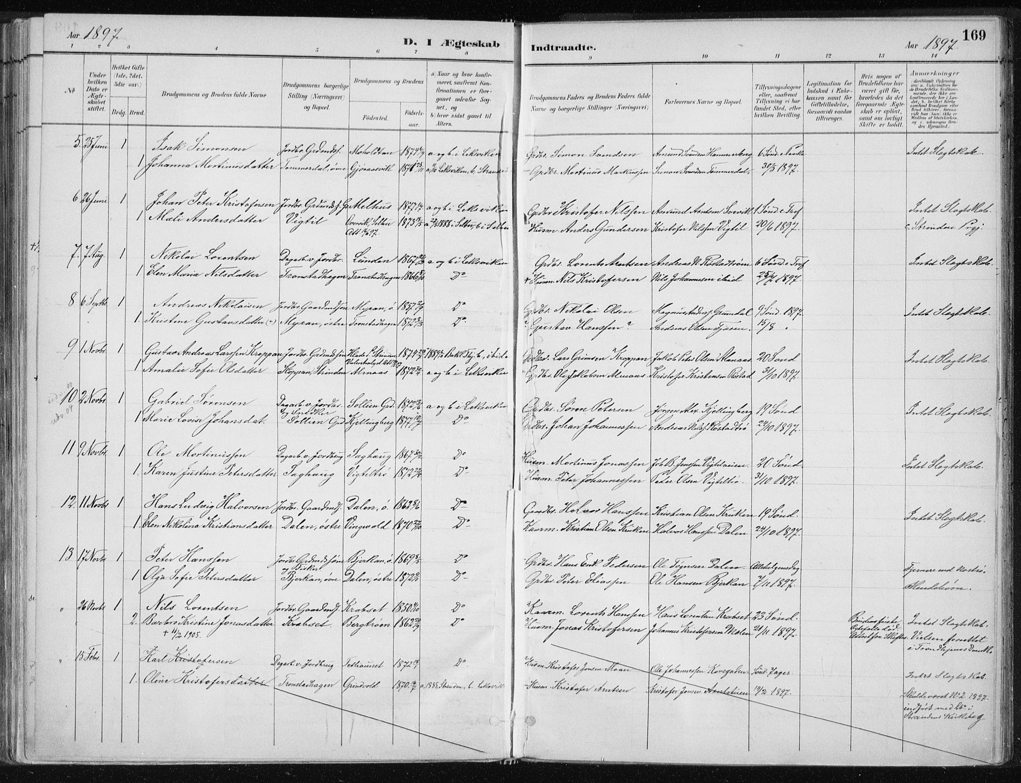 Ministerialprotokoller, klokkerbøker og fødselsregistre - Nord-Trøndelag, SAT/A-1458/701/L0010: Parish register (official) no. 701A10, 1883-1899, p. 169