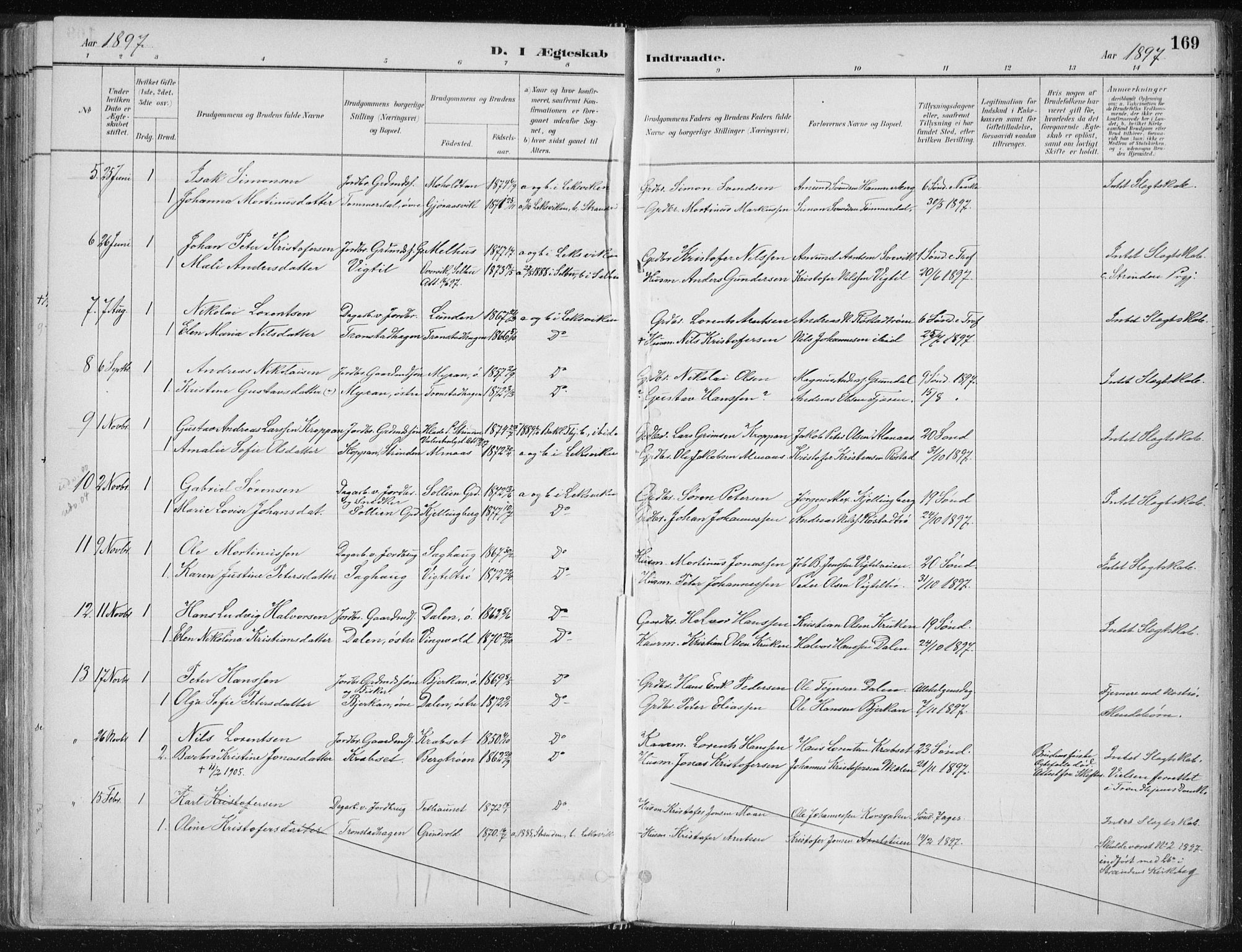 Ministerialprotokoller, klokkerbøker og fødselsregistre - Nord-Trøndelag, AV/SAT-A-1458/701/L0010: Parish register (official) no. 701A10, 1883-1899, p. 169