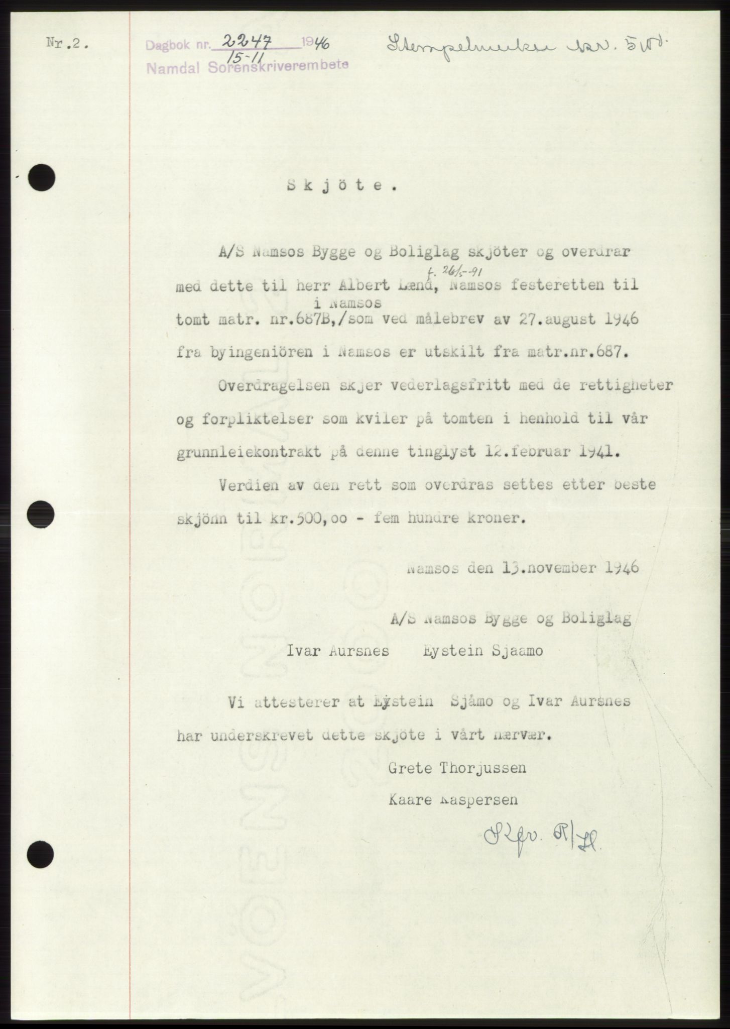 Namdal sorenskriveri, AV/SAT-A-4133/1/2/2C: Mortgage book no. -, 1946-1947, Diary no: : 2247/1946
