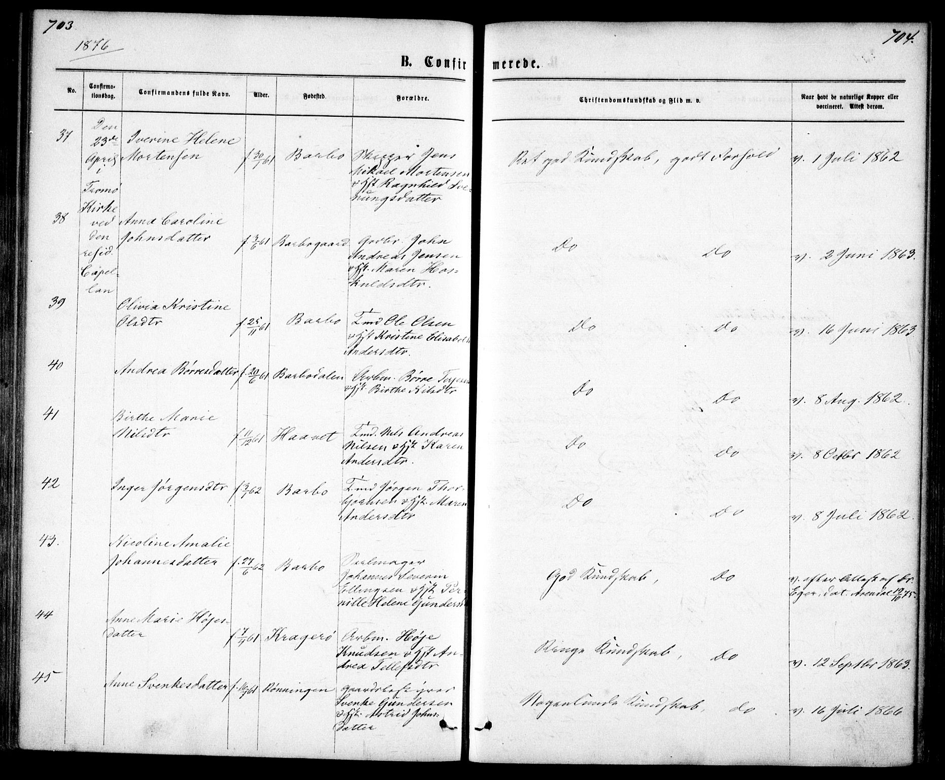 Tromøy sokneprestkontor, AV/SAK-1111-0041/F/Fa/L0008: Parish register (official) no. A 8, 1870-1877, p. 703-704