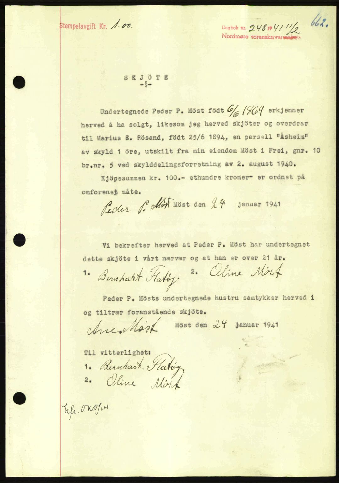 Nordmøre sorenskriveri, SAT/A-4132/1/2/2Ca: Mortgage book no. A89, 1940-1941, Diary no: : 248/1941