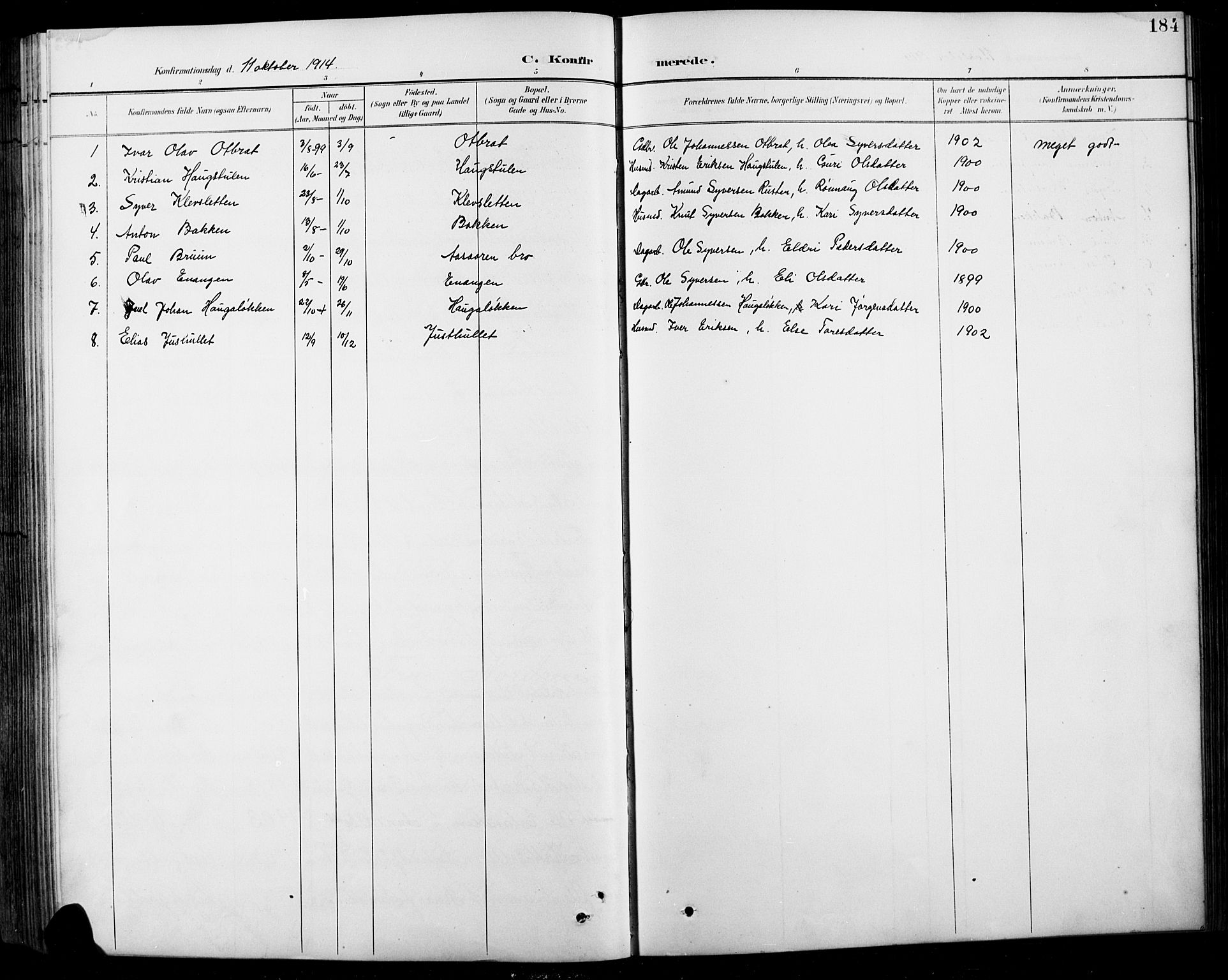 Sel prestekontor, SAH/PREST-074/H/Ha/Hab/L0001: Parish register (copy) no. 1, 1894-1923, p. 184