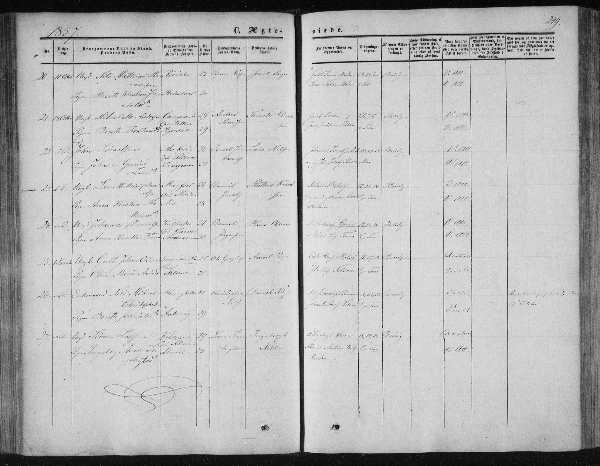 Ministerialprotokoller, klokkerbøker og fødselsregistre - Nordland, AV/SAT-A-1459/820/L0293: Parish register (official) no. 820A14, 1855-1865, p. 249