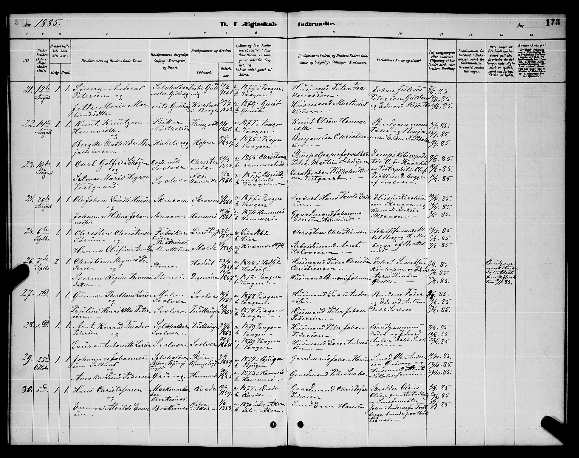 Ministerialprotokoller, klokkerbøker og fødselsregistre - Nordland, AV/SAT-A-1459/874/L1076: Parish register (copy) no. 874C05, 1884-1890, p. 173