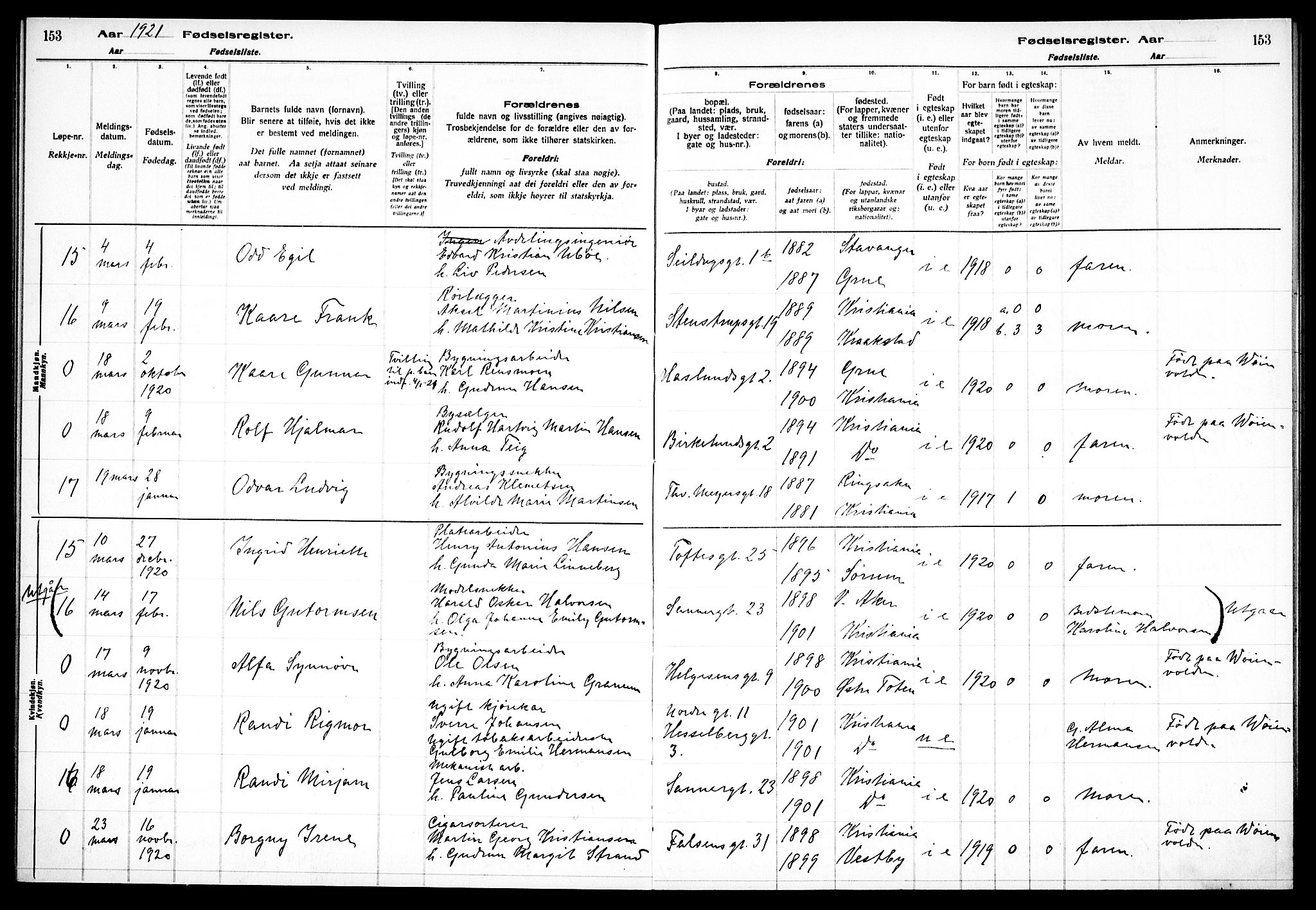 Paulus prestekontor Kirkebøker, AV/SAO-A-10871/J/Ja/L0001: Birth register no. 1, 1916-1923, p. 153