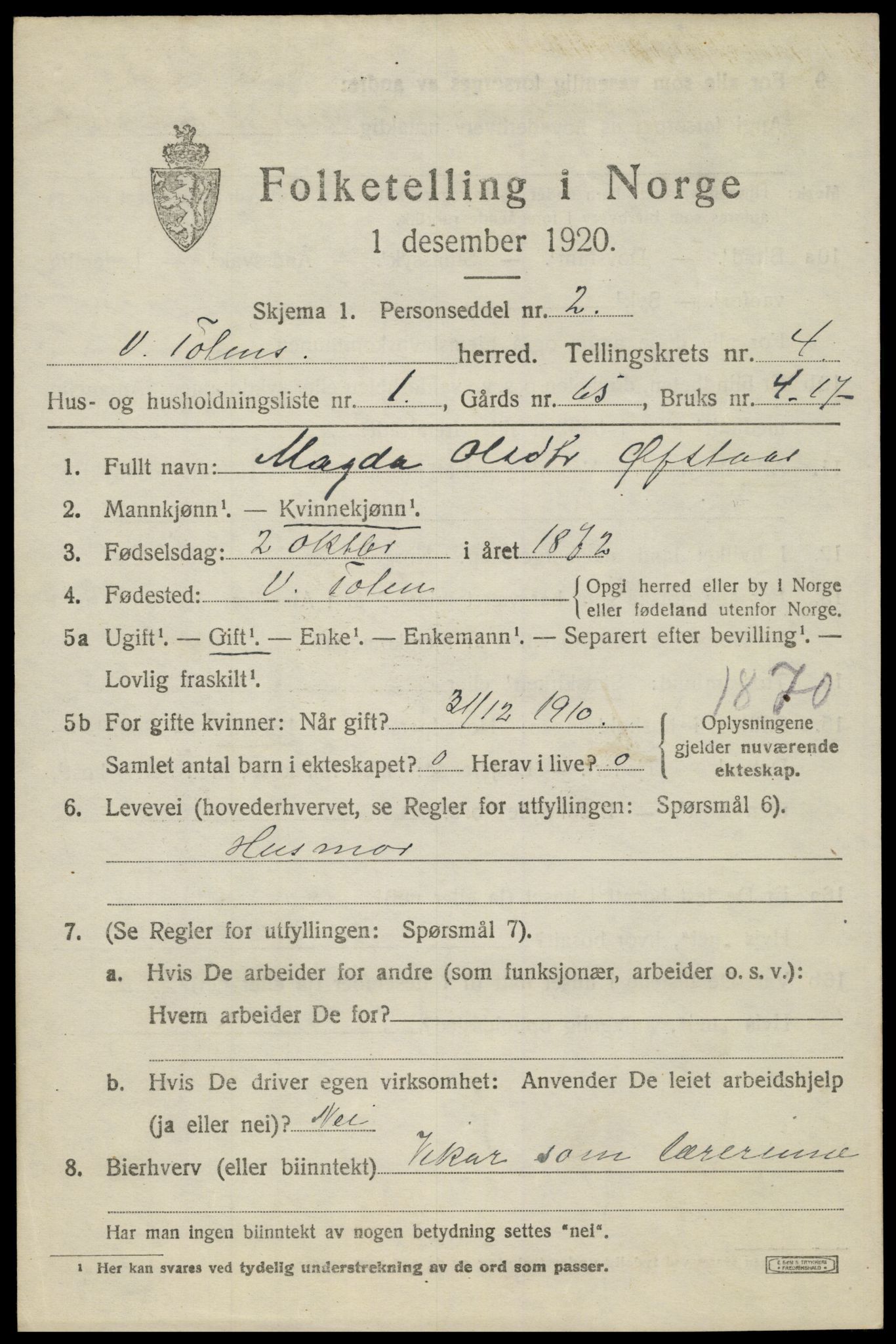 SAH, 1920 census for Vestre Toten, 1920, p. 5552