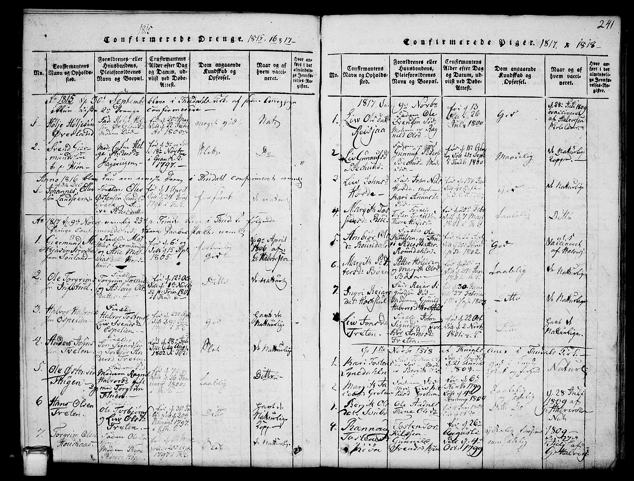Hjartdal kirkebøker, SAKO/A-270/G/Gc/L0001: Parish register (copy) no. III 1, 1815-1842, p. 241