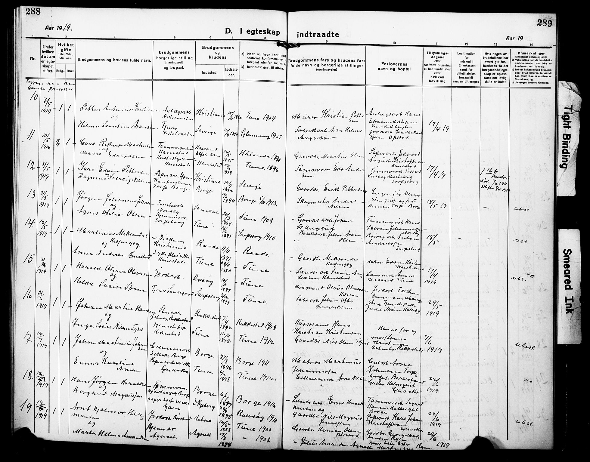 Tune prestekontor Kirkebøker, AV/SAO-A-2007/G/Ga/L0004: Parish register (copy) no. I 4, 1919-1928, p. 288-289