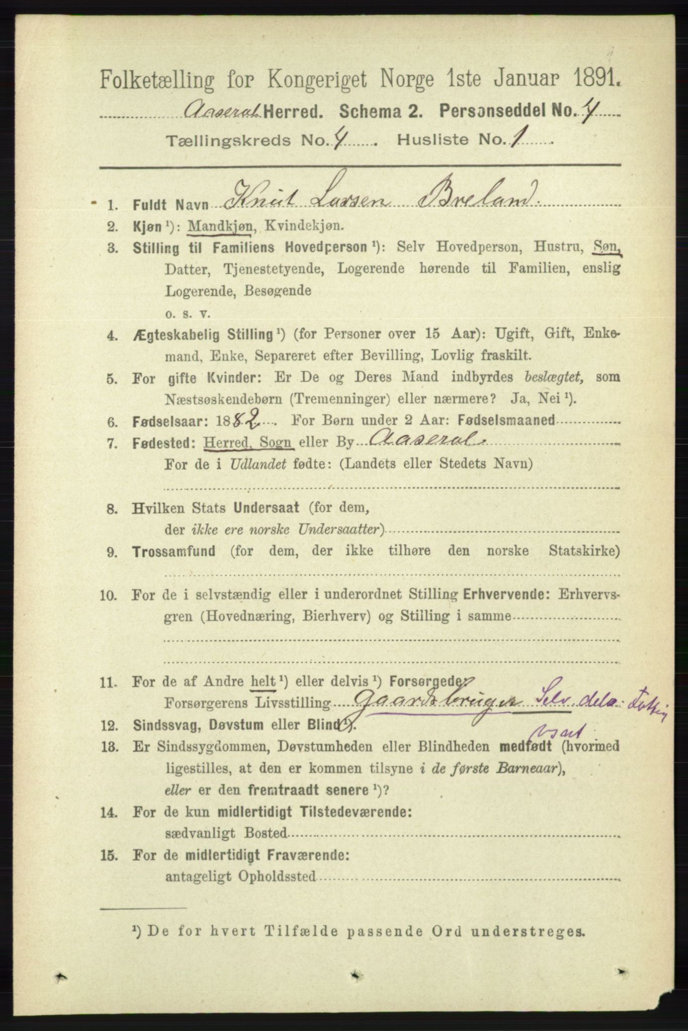 RA, 1891 census for 1026 Åseral, 1891, p. 1168