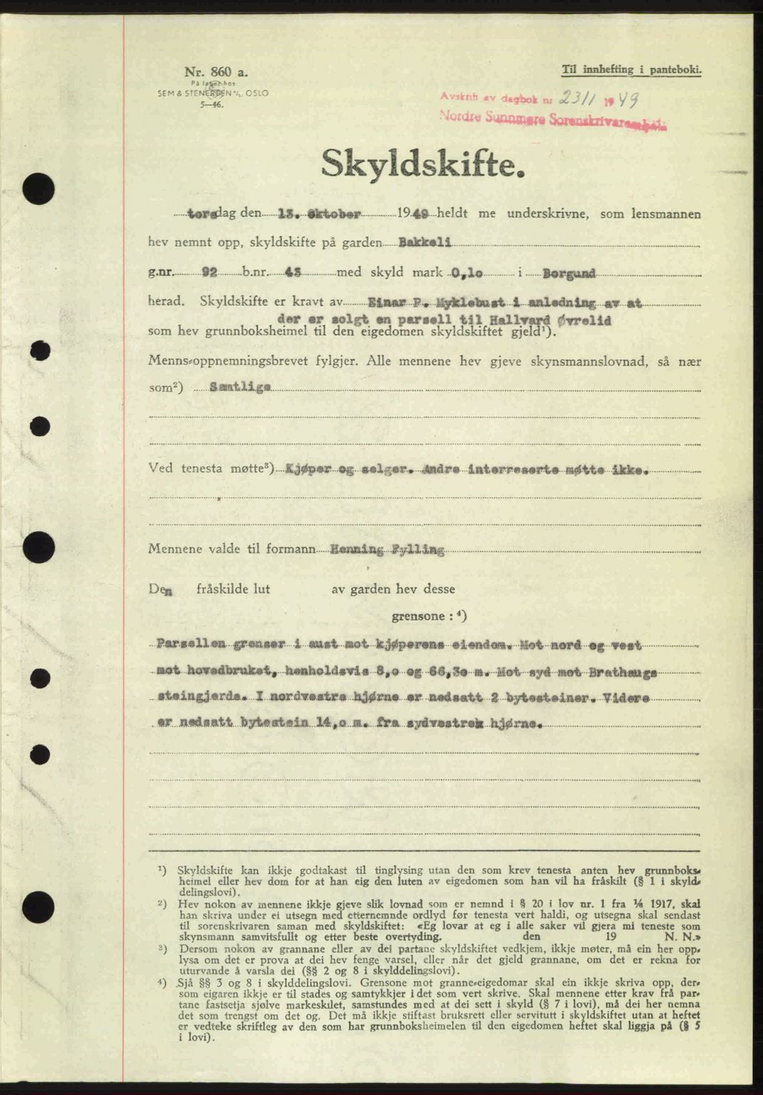 Nordre Sunnmøre sorenskriveri, AV/SAT-A-0006/1/2/2C/2Ca: Mortgage book no. A32, 1949-1949, Diary no: : 2311/1949