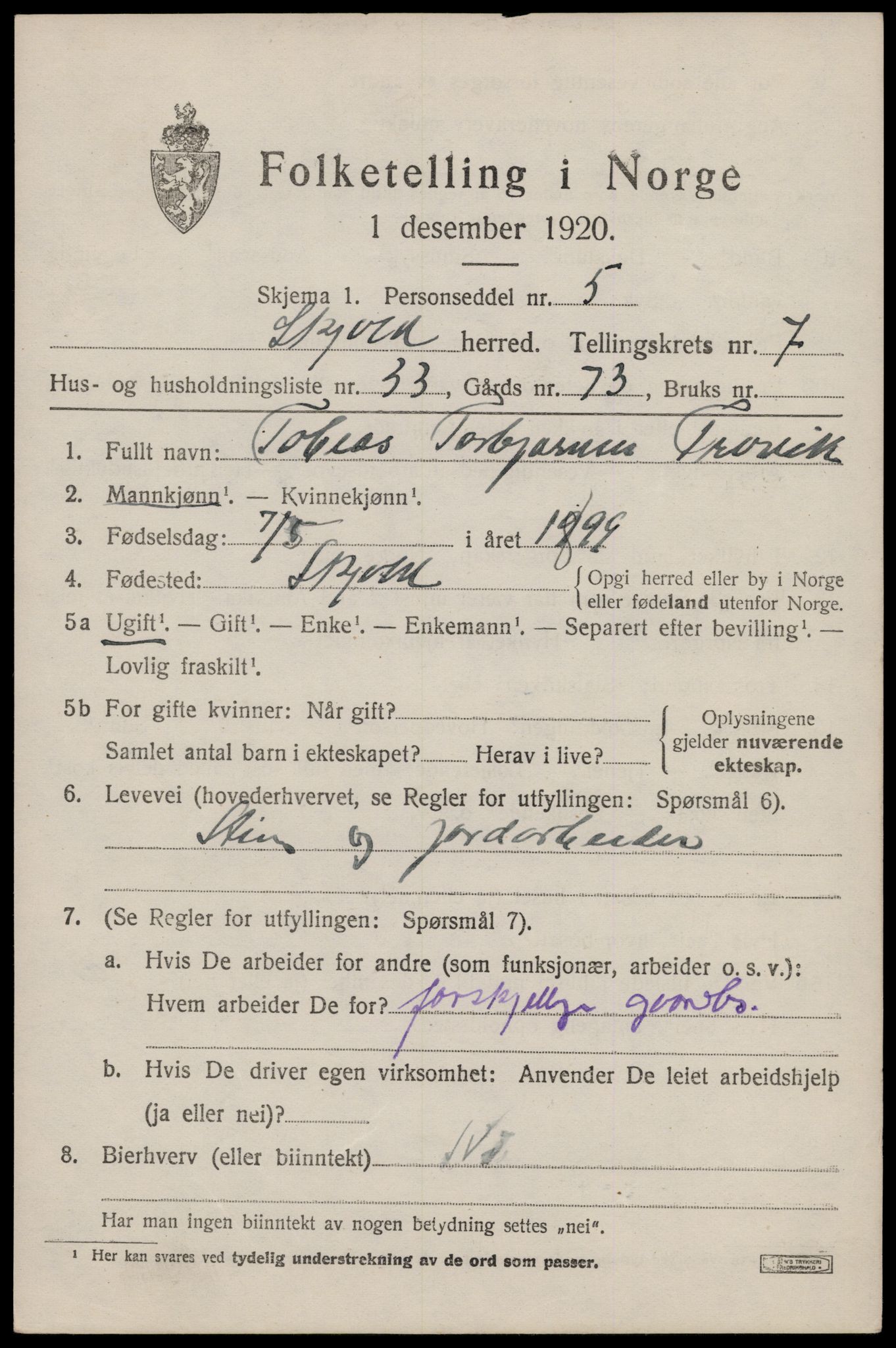 SAST, 1920 census for Skjold, 1920, p. 4182