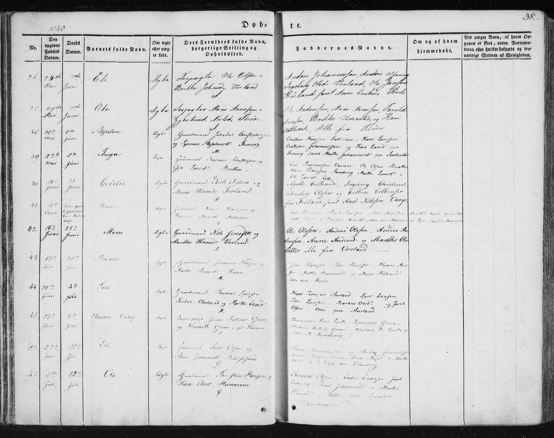 Sund sokneprestembete, SAB/A-99930: Parish register (official) no. A 13, 1835-1849, p. 38