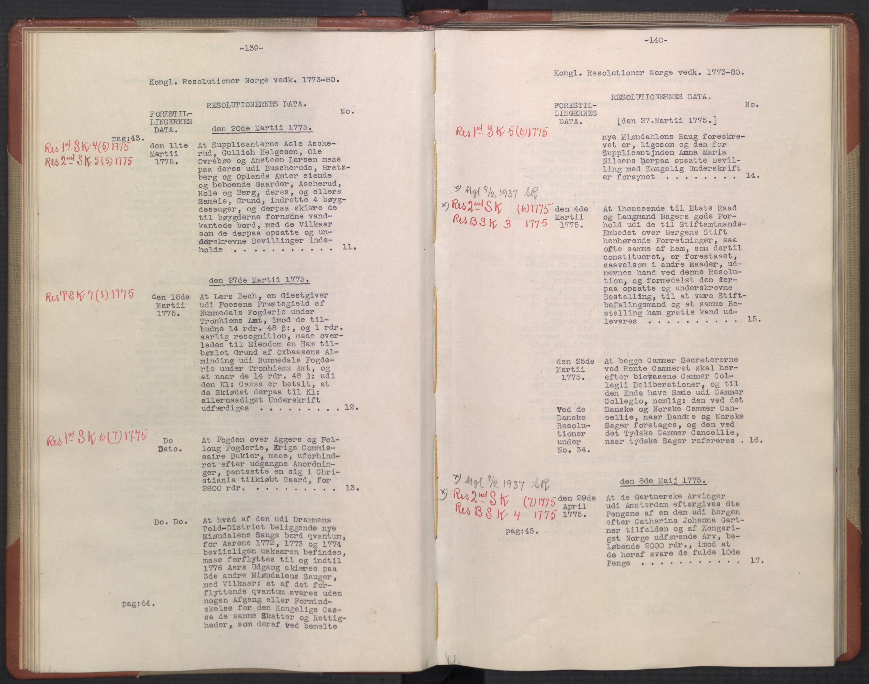 Avskriftsamlingen, AV/RA-EA-4022/F/Fb/L0122: Registratur over norske Relasjons- og resolusjonsprotokoller, 1773-1780, p. 28