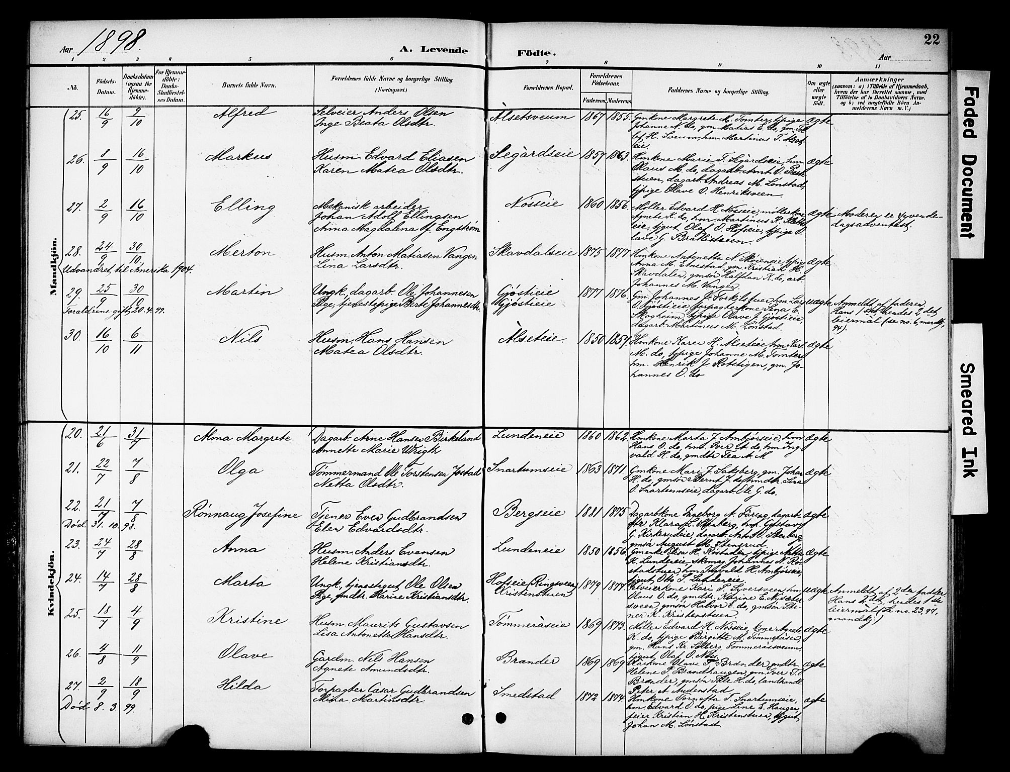 Biri prestekontor, AV/SAH-PREST-096/H/Ha/Haa/L0008: Parish register (official) no. 8, 1894-1901, p. 22