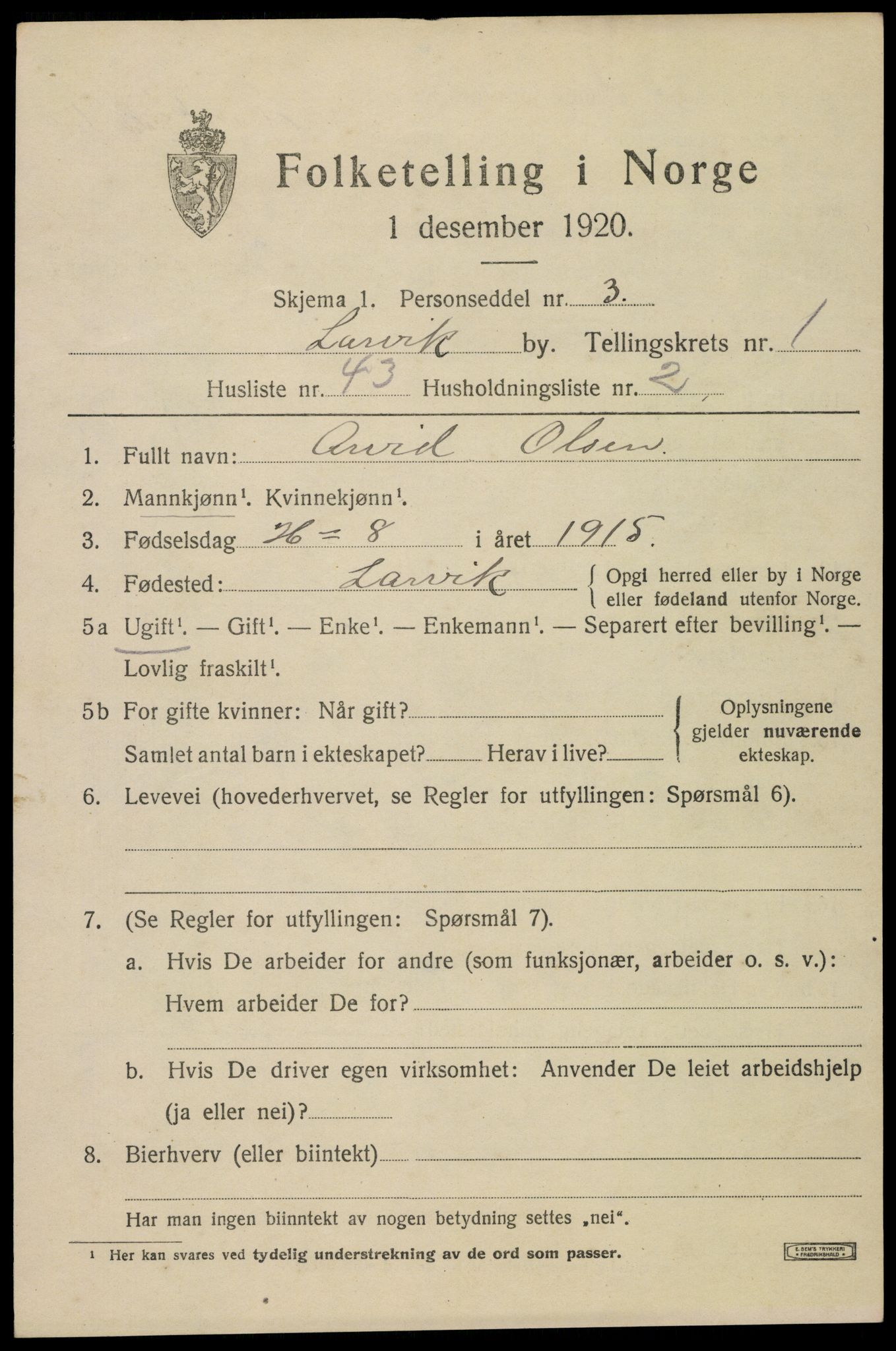 SAKO, 1920 census for Larvik, 1920, p. 9282