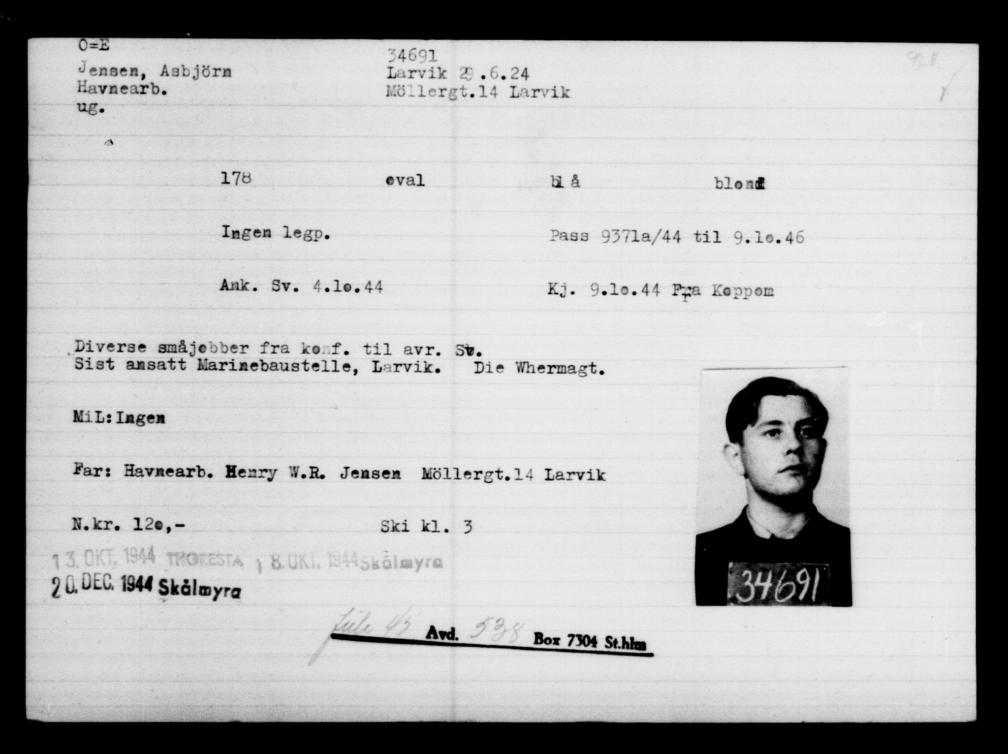 Utenriksstasjonene, Legasjonen i Stockholm, Flyktningkontoret, AV/RA-S-6753/V/Va/L0013: Kjesäterkartoteket, flyktninger med registreringsnr. 31500-34731, 1940-1945, p. 3364