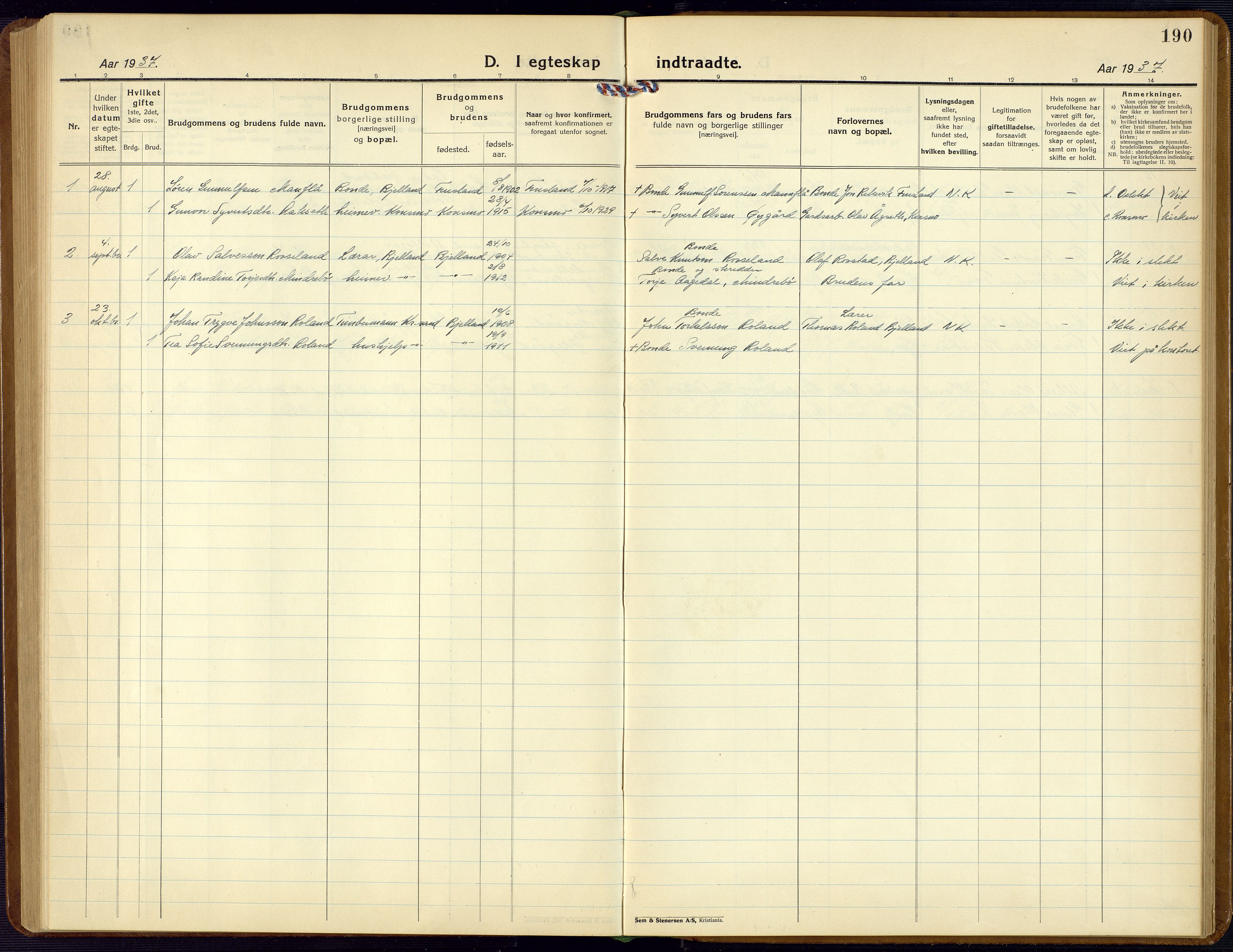 Bjelland sokneprestkontor, SAK/1111-0005/F/Fb/Fba/L0006: Parish register (copy) no. B 6, 1923-1956, p. 190