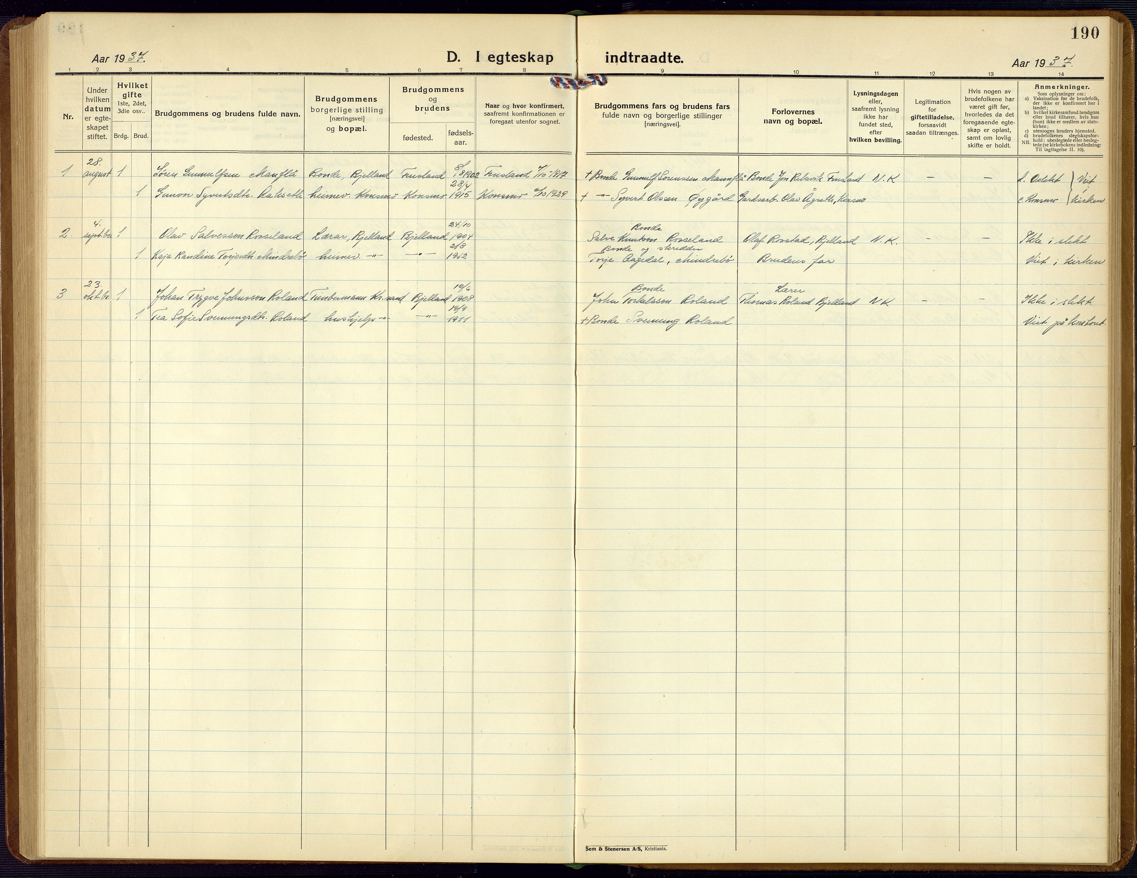 Bjelland sokneprestkontor, AV/SAK-1111-0005/F/Fb/Fba/L0006: Parish register (copy) no. B 6, 1923-1956, p. 190