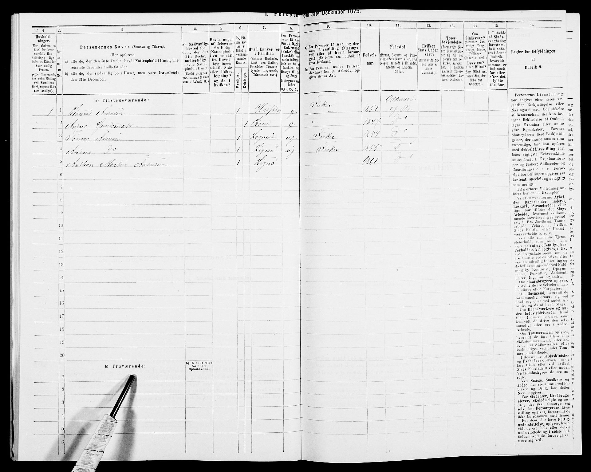 SAK, 1875 census for 1012P Oddernes, 1875, p. 157