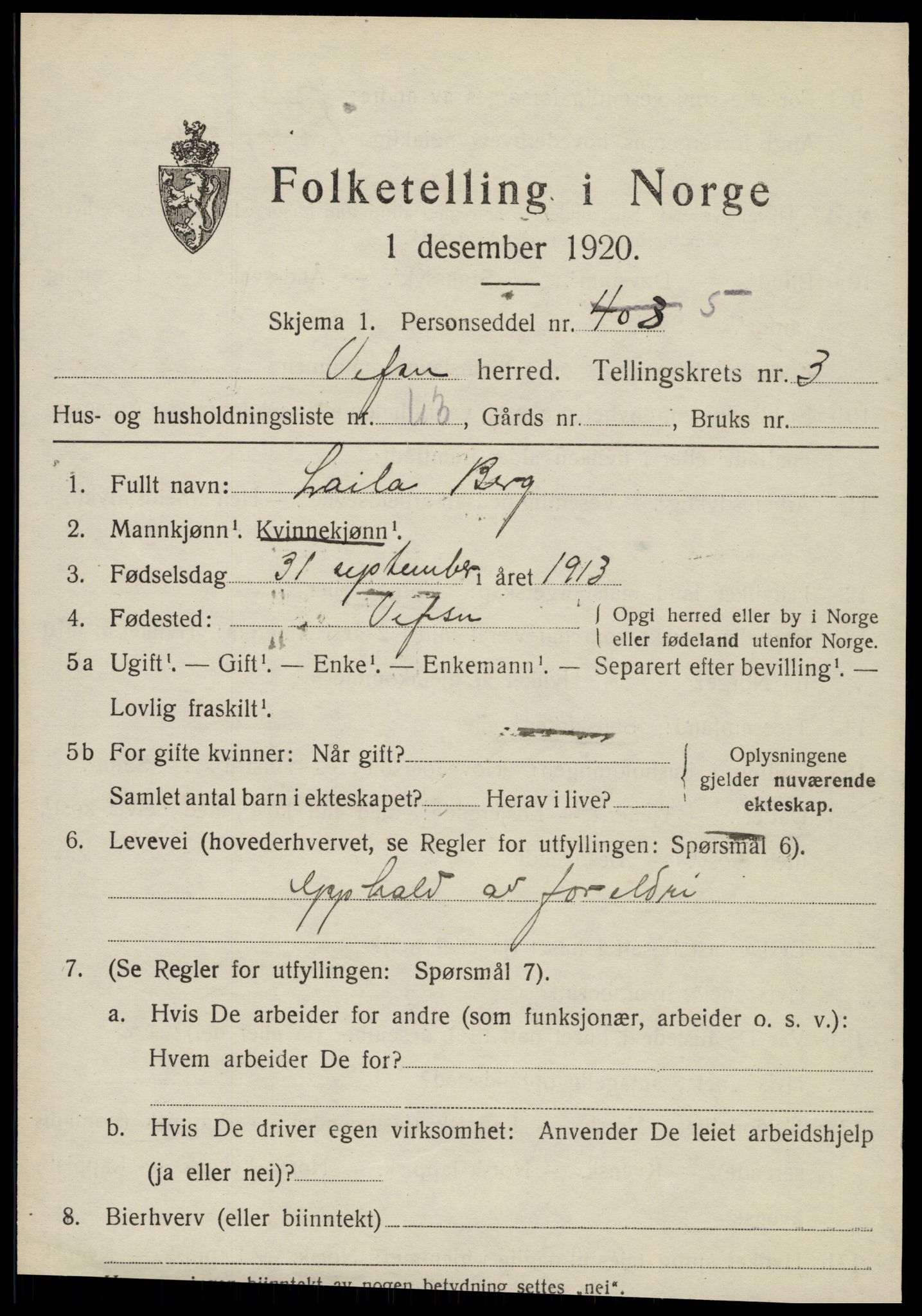 SAT, 1920 census for Vefsn, 1920, p. 2831