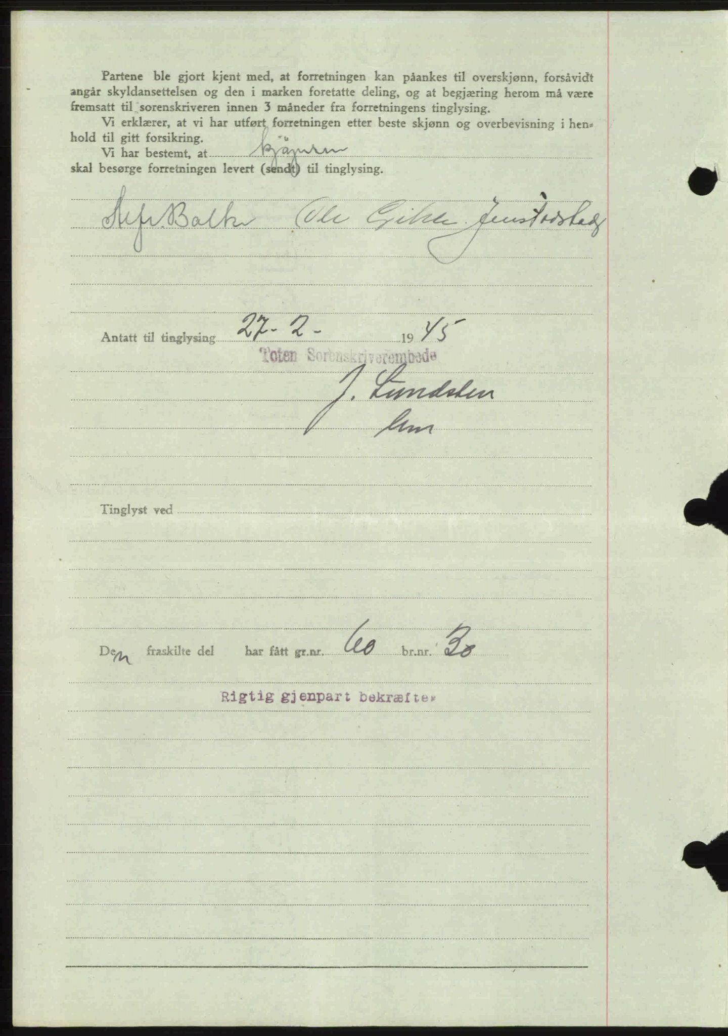 Toten tingrett, AV/SAH-TING-006/H/Hb/Hbc/L0013: Mortgage book no. Hbc-13, 1945-1945, Diary no: : 314/1945